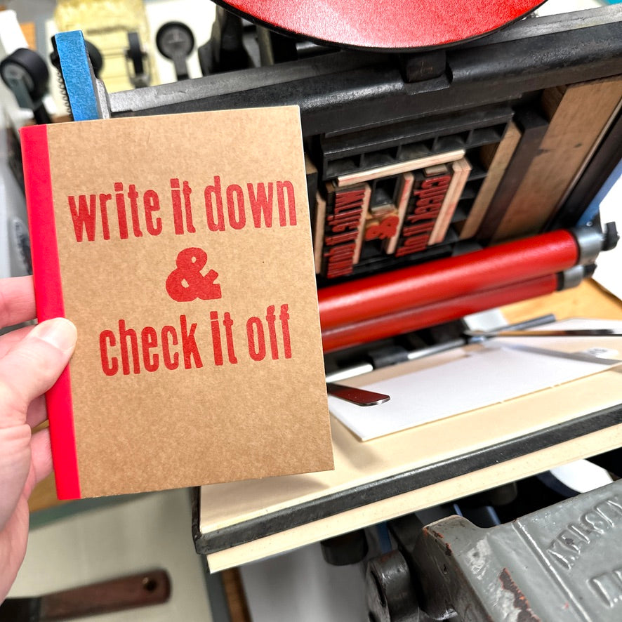 Write it Down & Check it Off - letterpress mini sketchbook journal (4x5.5")