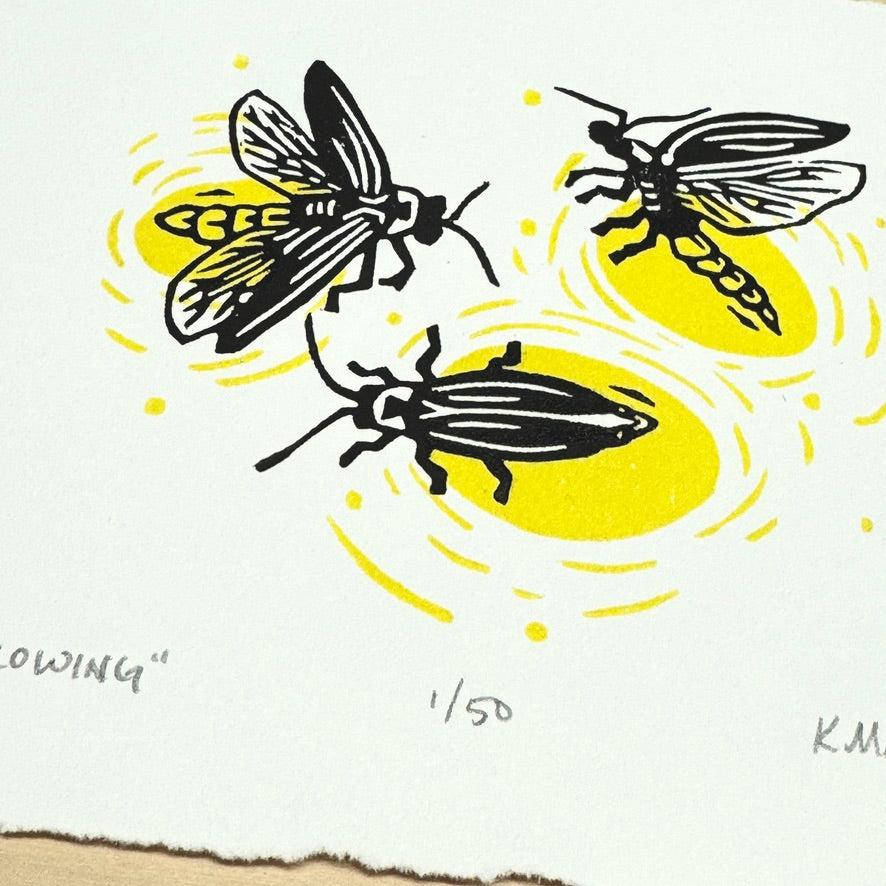Glowing Lightning Bugs - woodblock print (5x7")