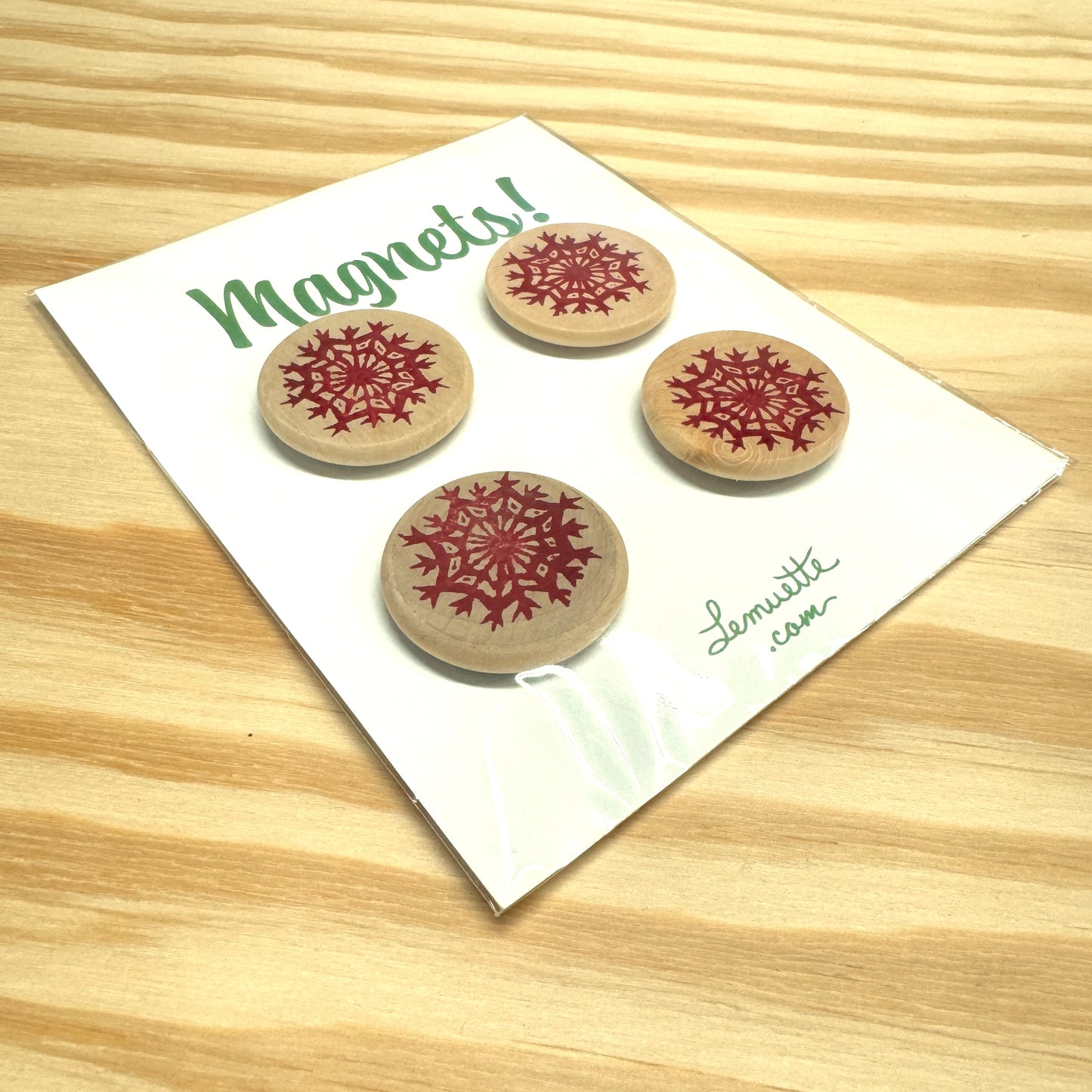 Snowflake Magnets - hand stamped wood (set of 4)