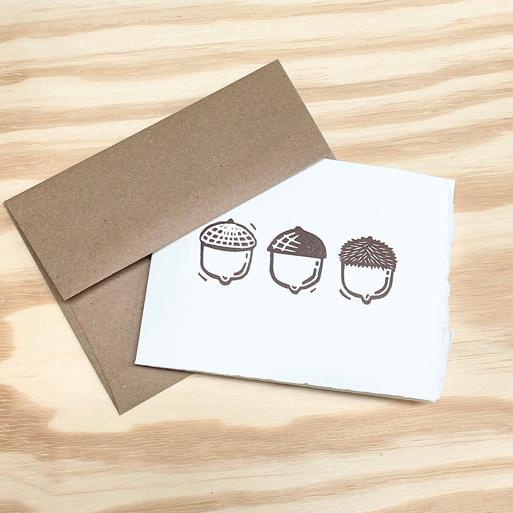 Three Acorns single card - woodblock printed