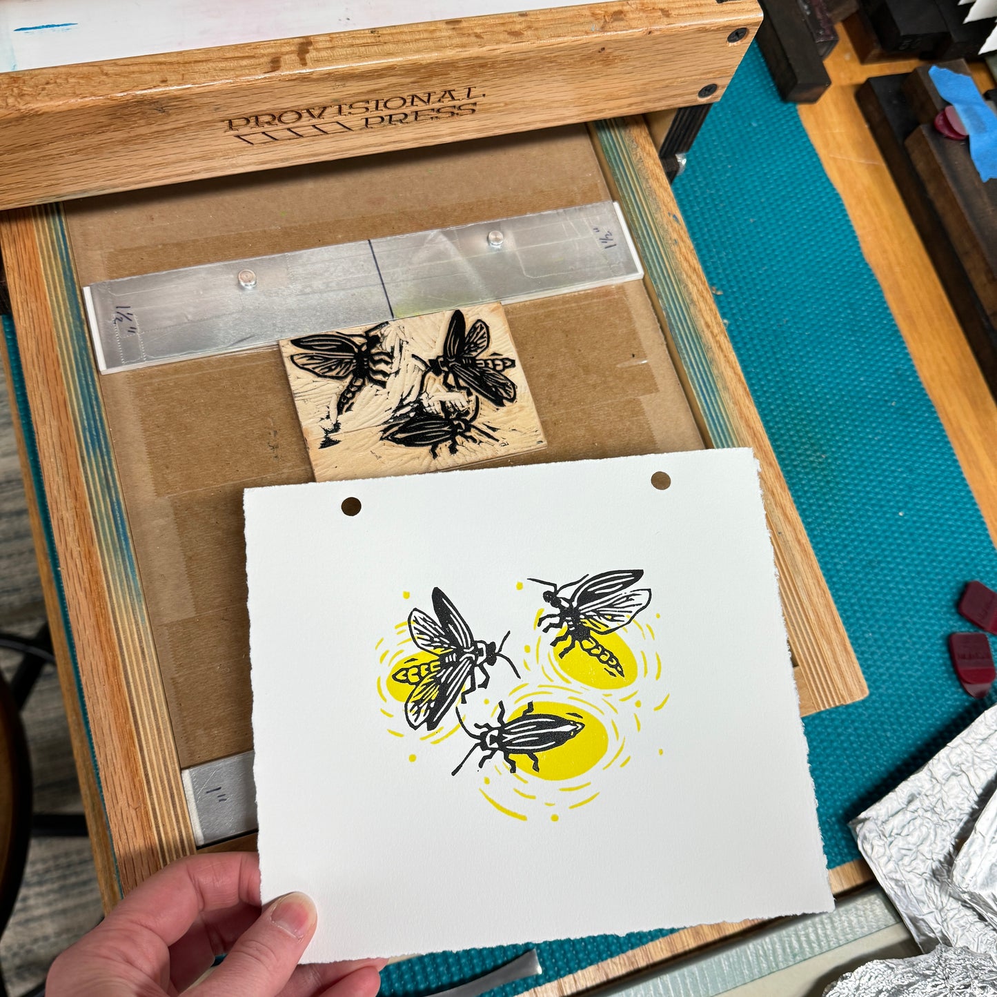 Glowing Lightning Bugs FRAMED - woodblock print (6x8")