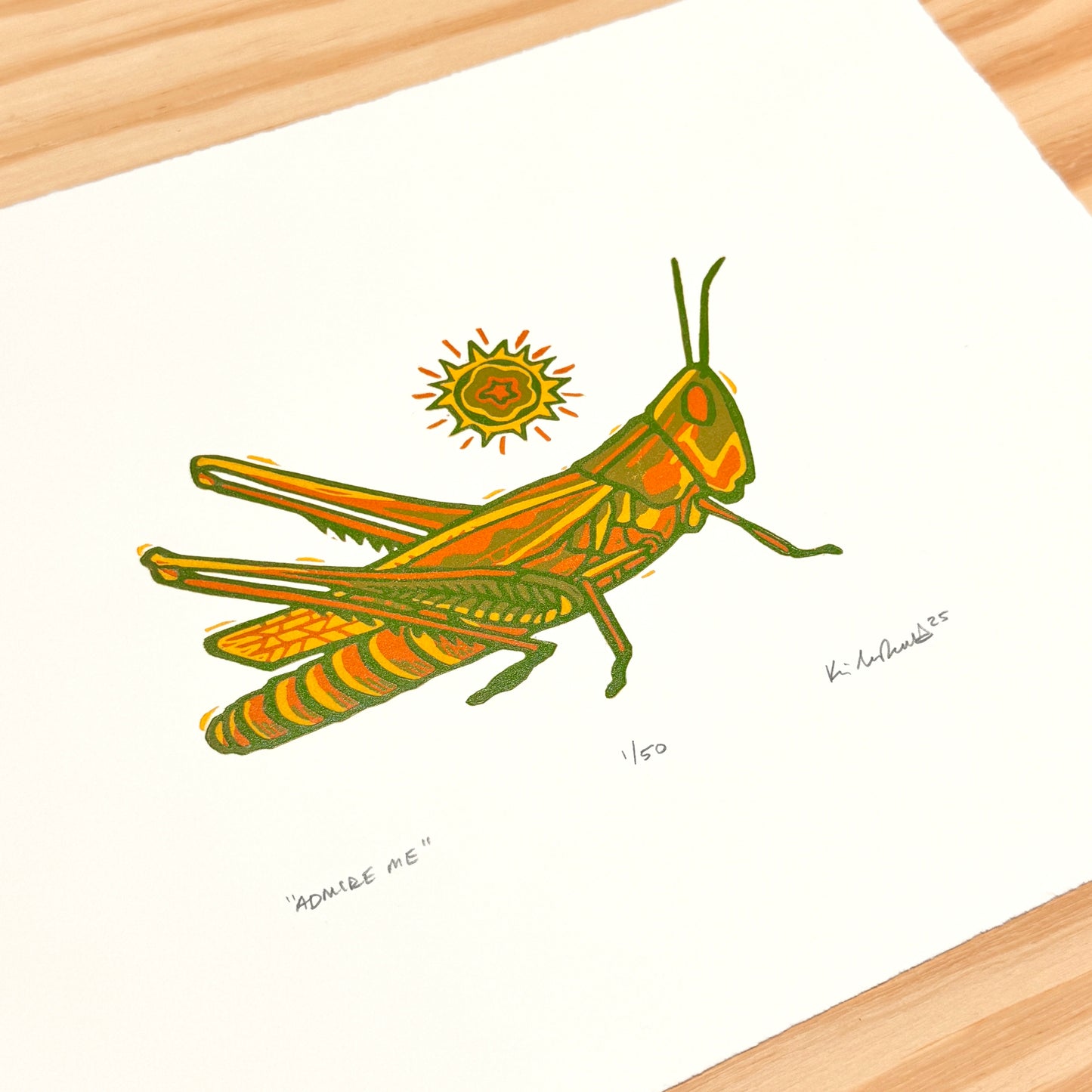 Admire Me Grasshopper - woodblock print (9x12")