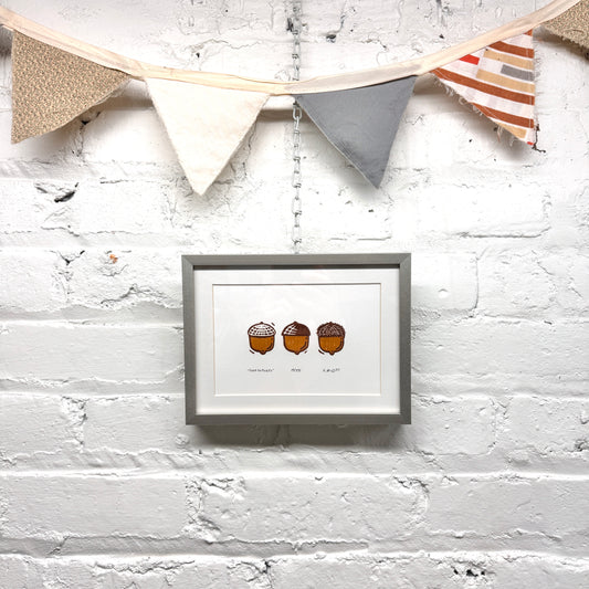 Tiny Futures Acorns FRAMED - woodblock print (6x8")