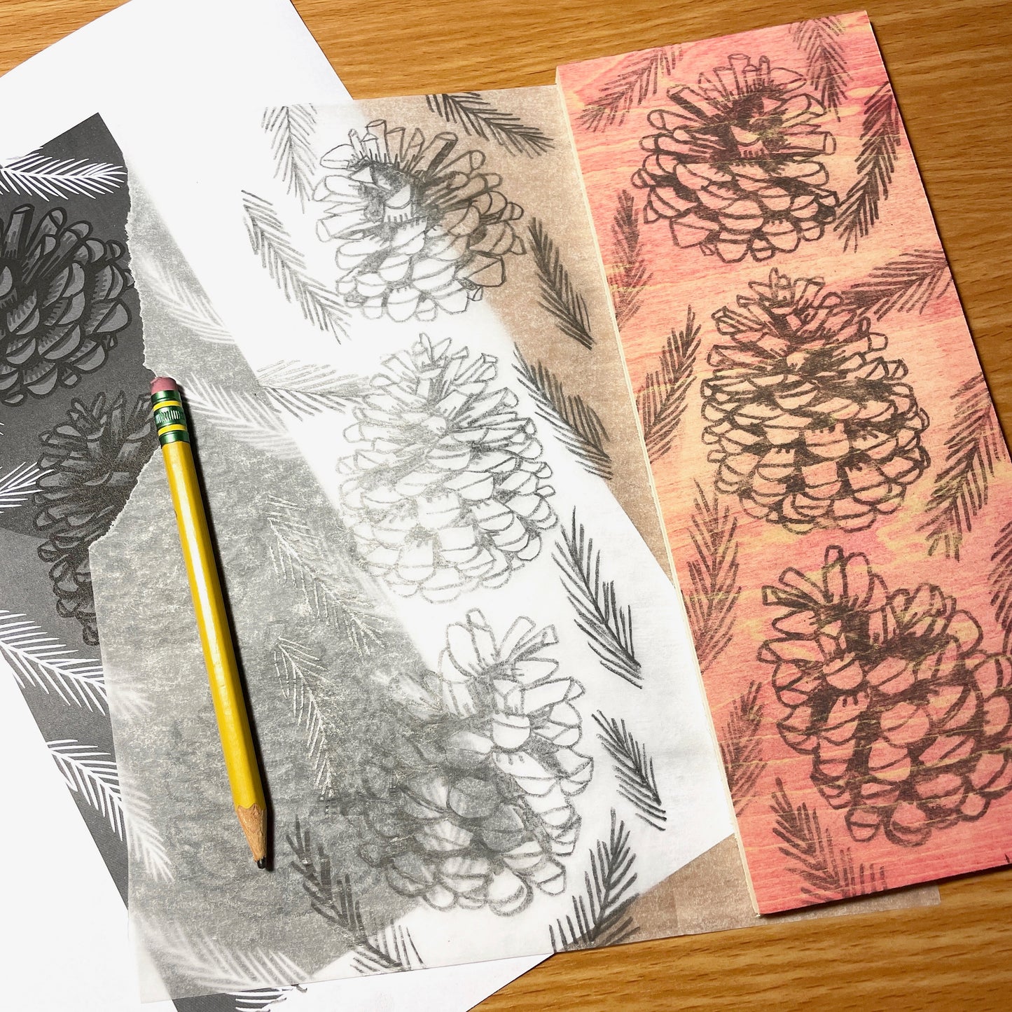 Pinecone Buddies FRAMED - reduction woodblock print (7.5x13")