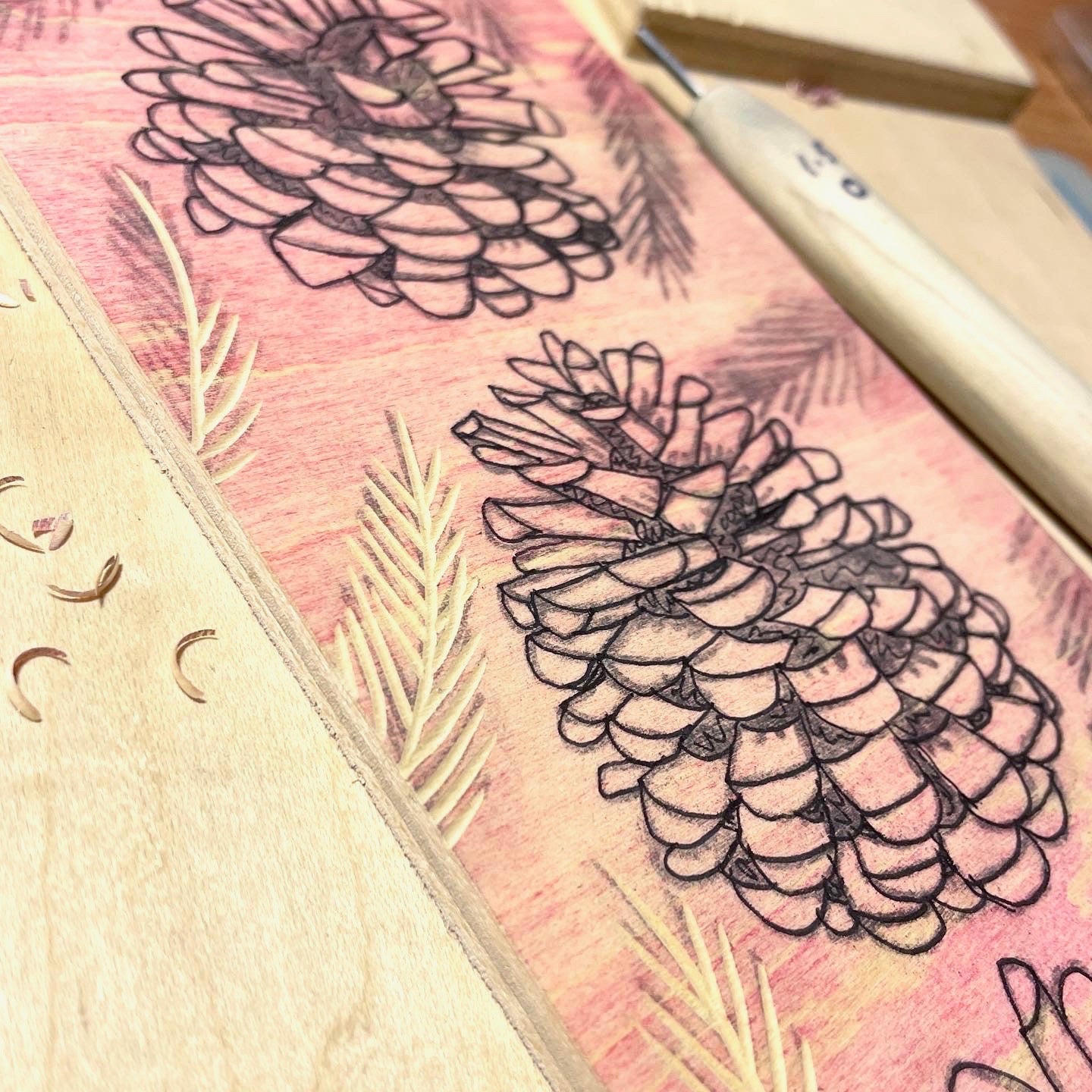 Pinecone Buddies FRAMED - reduction woodblock print (7.5x13")