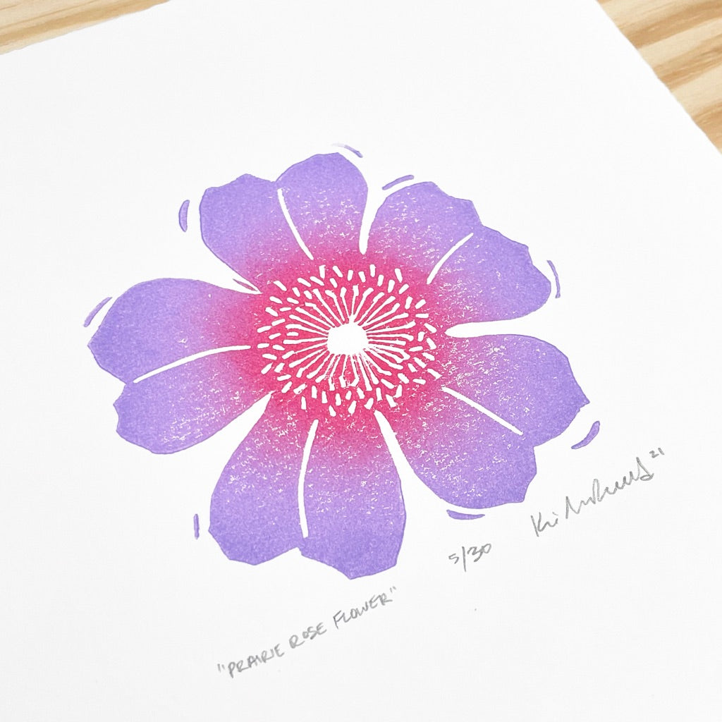 Prairie Rose Flower - woodblock print (8x8")