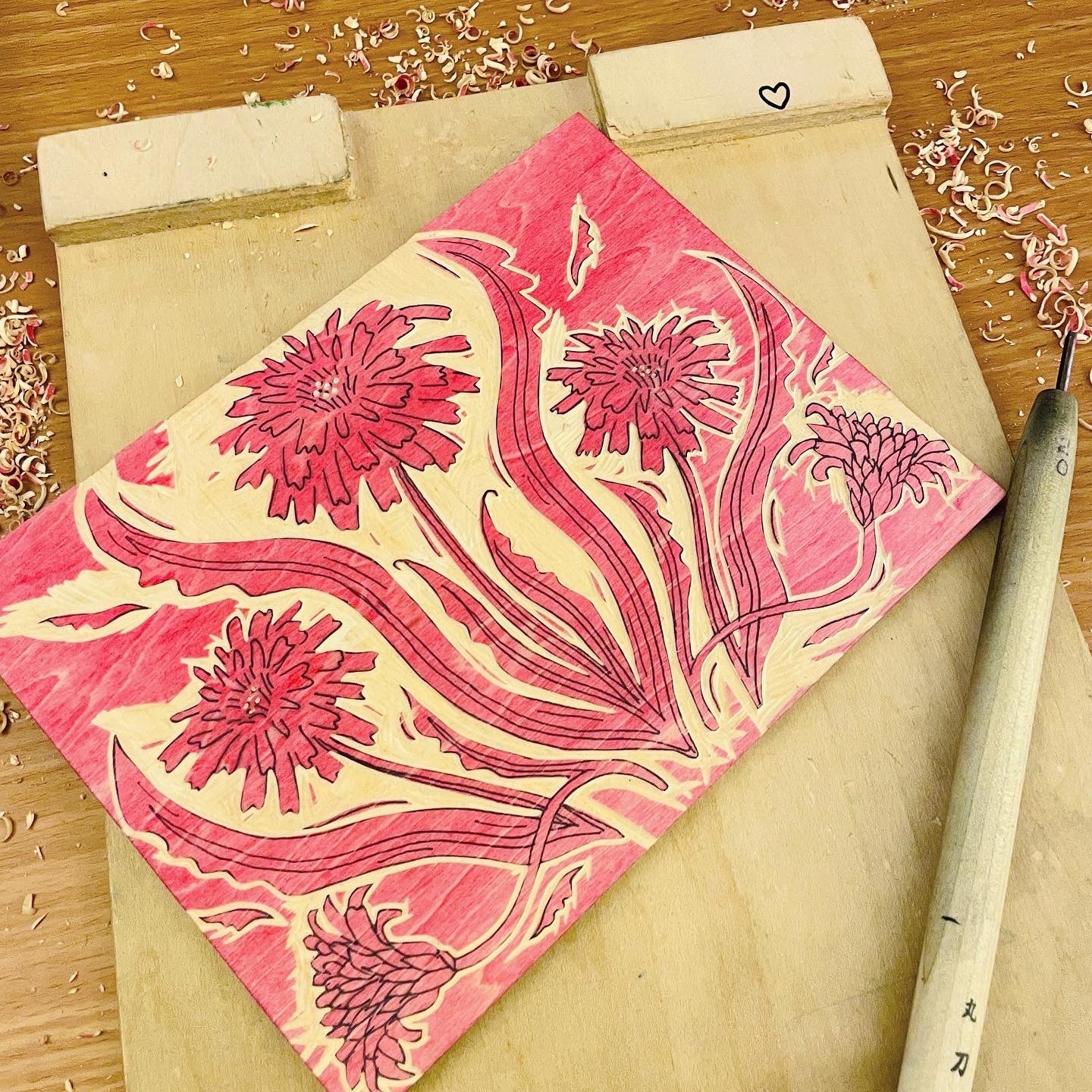 Pink Dandelion - woodblock print (9x12")