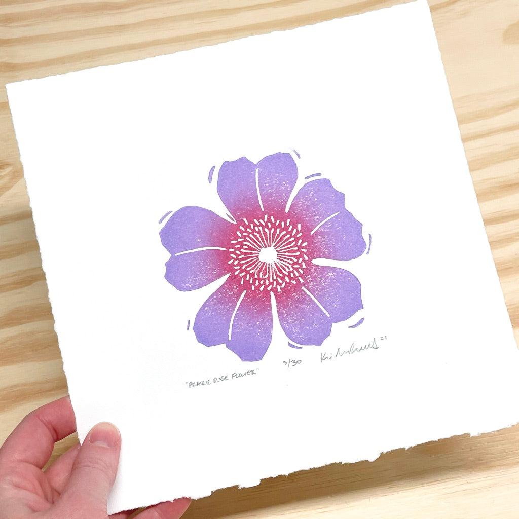 Prairie Rose Flower - woodblock print (8x8")