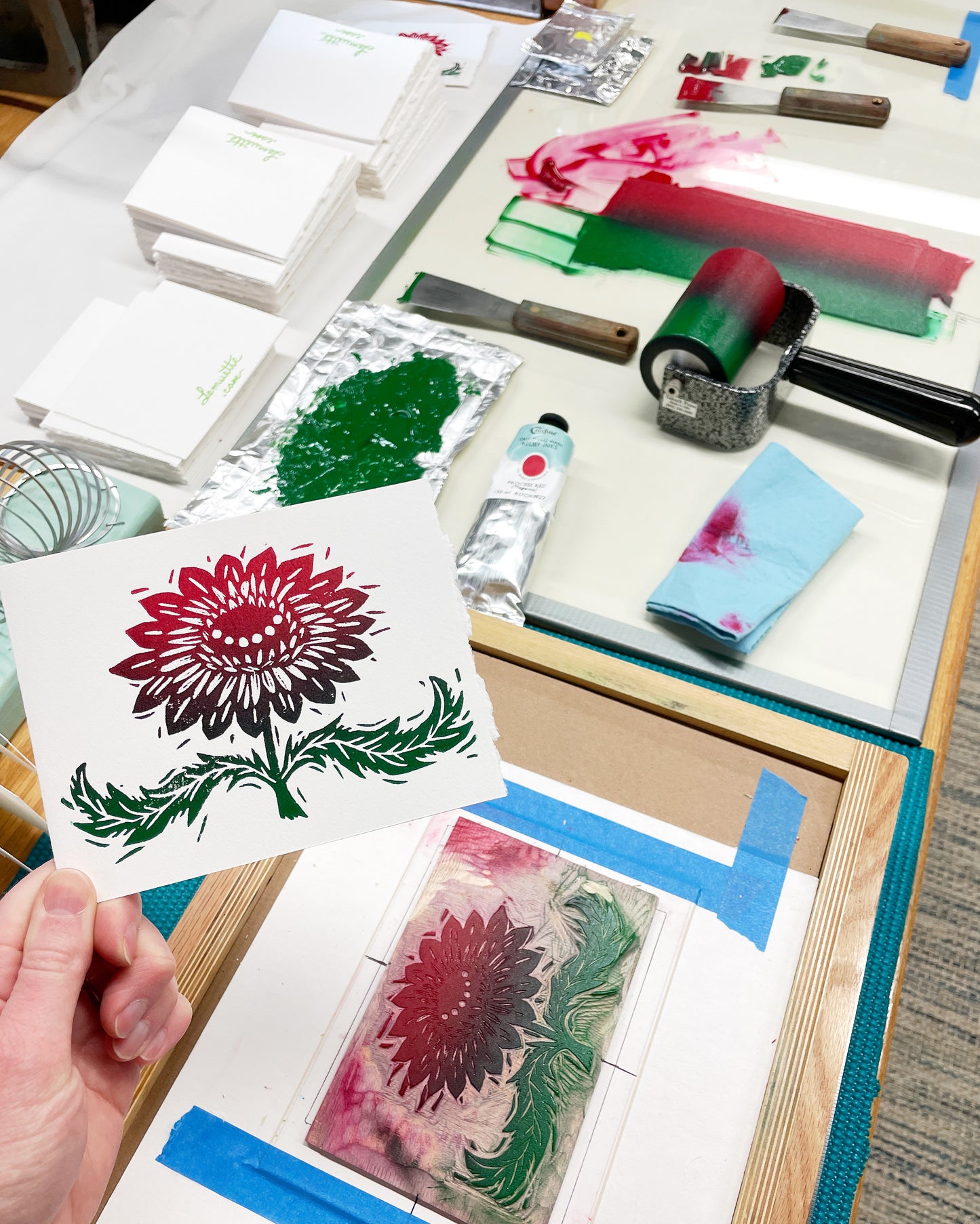 Magenta Flower 6-pack cards - woodblock printed