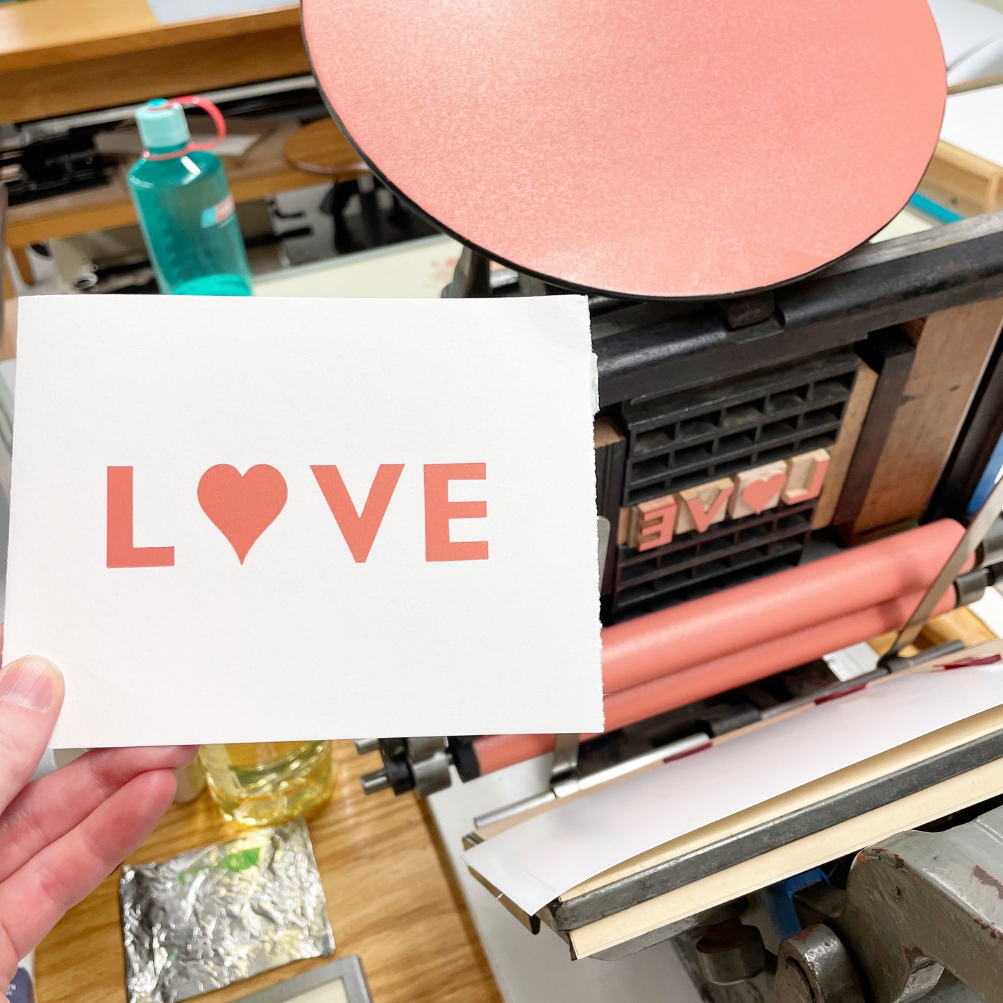 Love in pink - single card - wood type letterpress printed