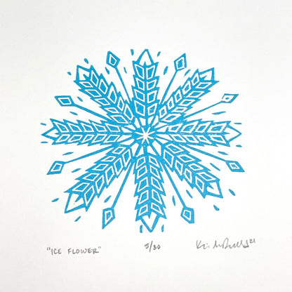 Ice Flower snowflake FRAMED - woodblock print (8x8")