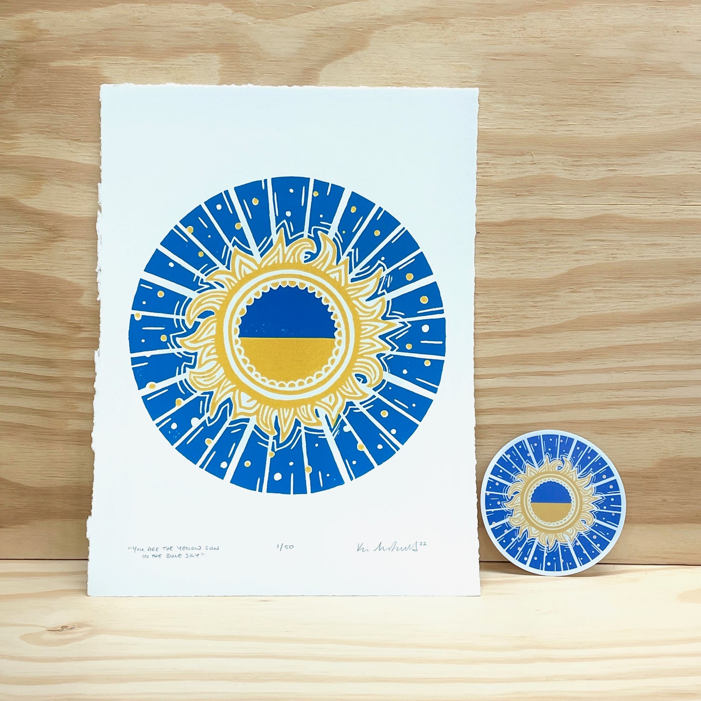 You Are the Yellow Sun in the Blue Sky - Brovary, Ukraine Fundraiser woodblock print (9x12")