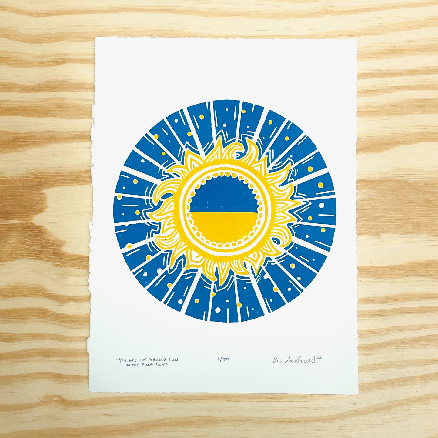 You Are the Yellow Sun in the Blue Sky - Brovary, Ukraine Fundraiser woodblock print (9x12")