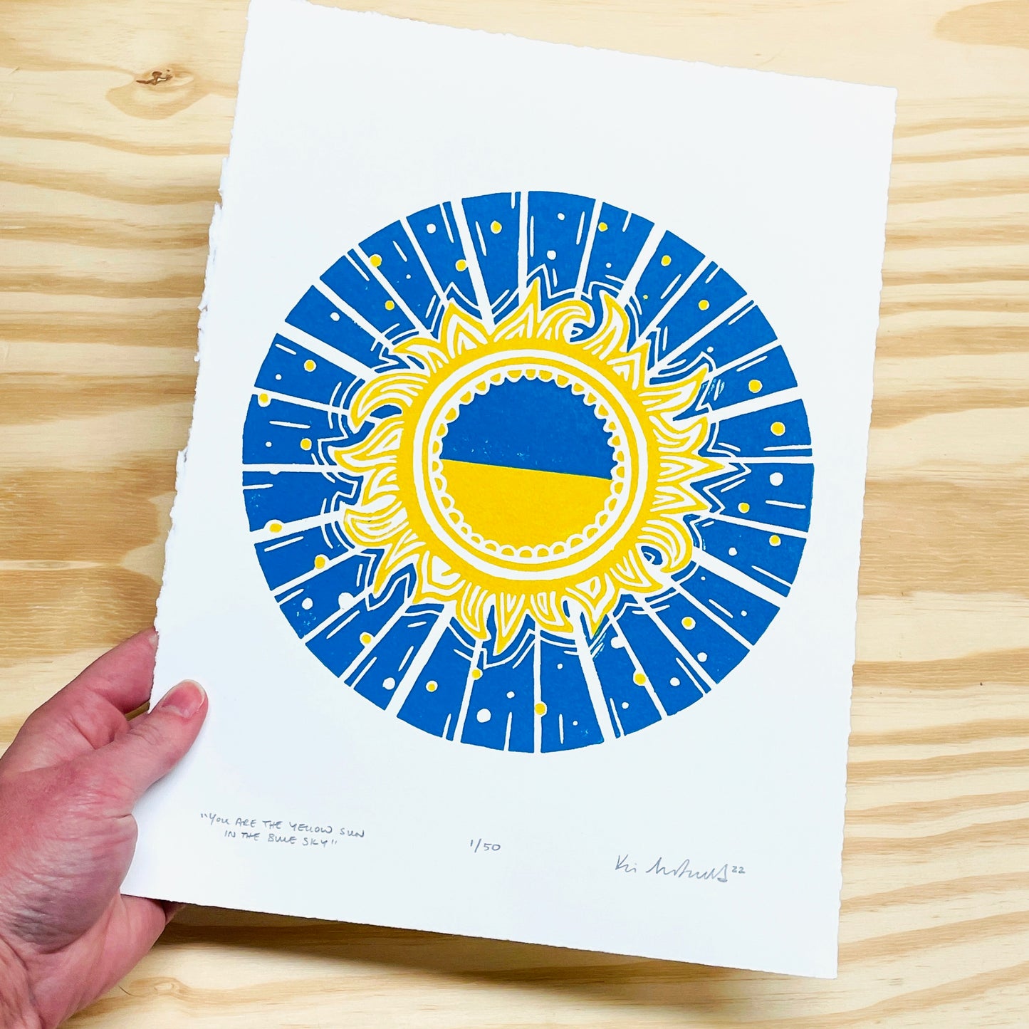 You Are the Yellow Sun in the Blue Sky - Brovary, Ukraine Fundraiser woodblock print (9x12")