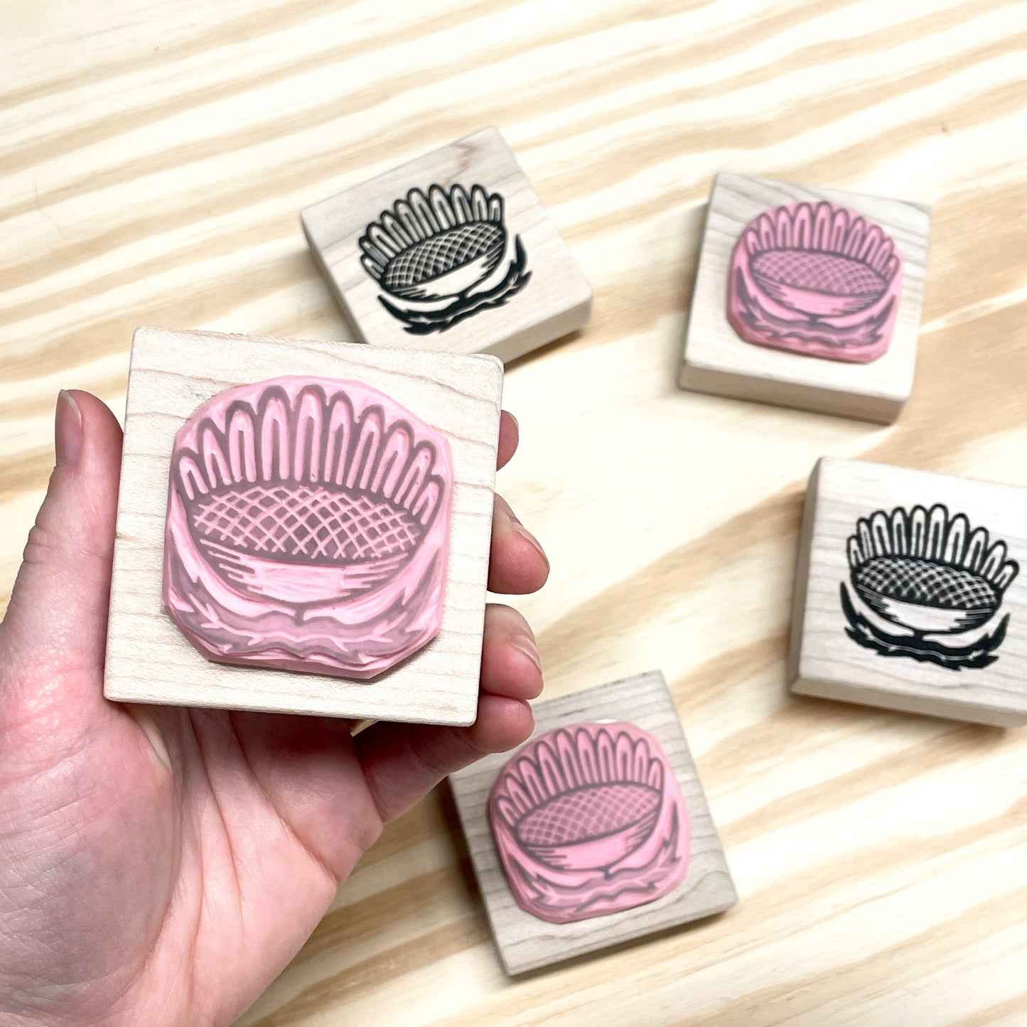 Sunflower Stamp - Handcarved Rubber Stamp - Wood Mounted 2x2"