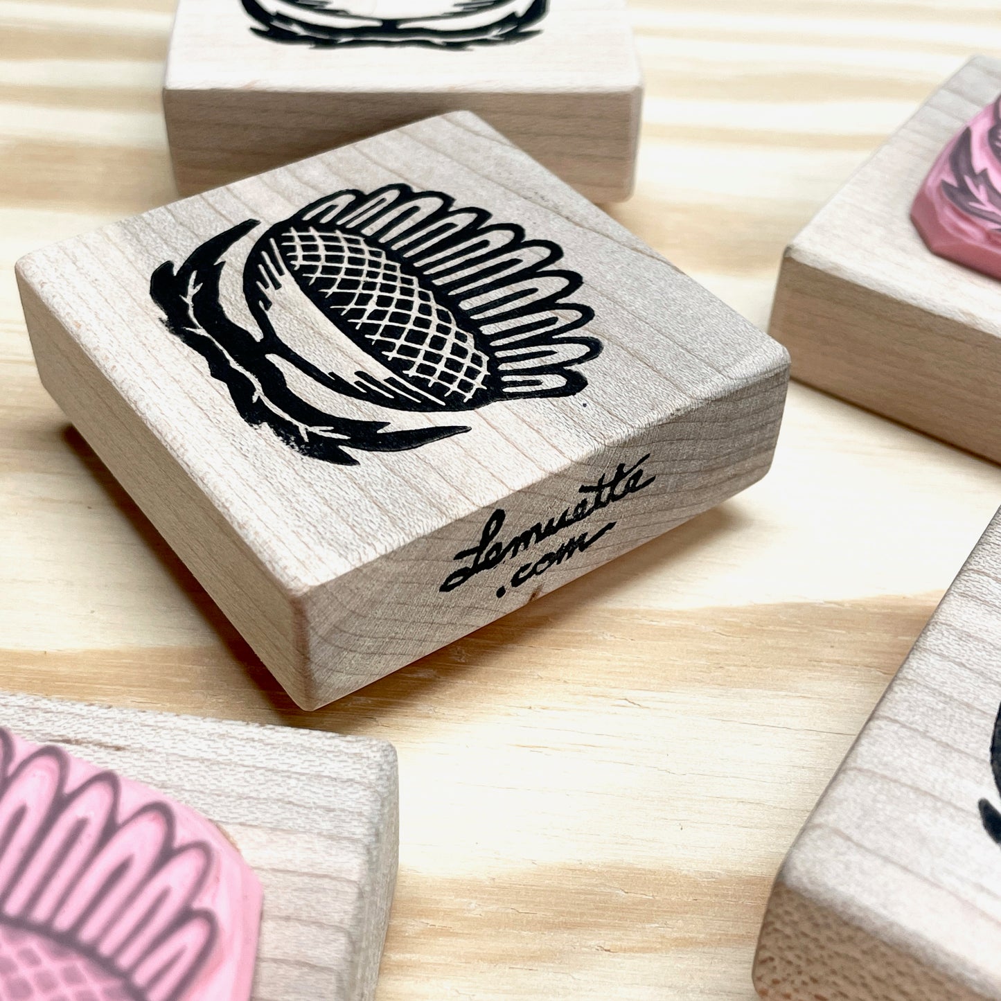 Sunflower Stamp - Handcarved Rubber Stamp - Wood Mounted 2x2"