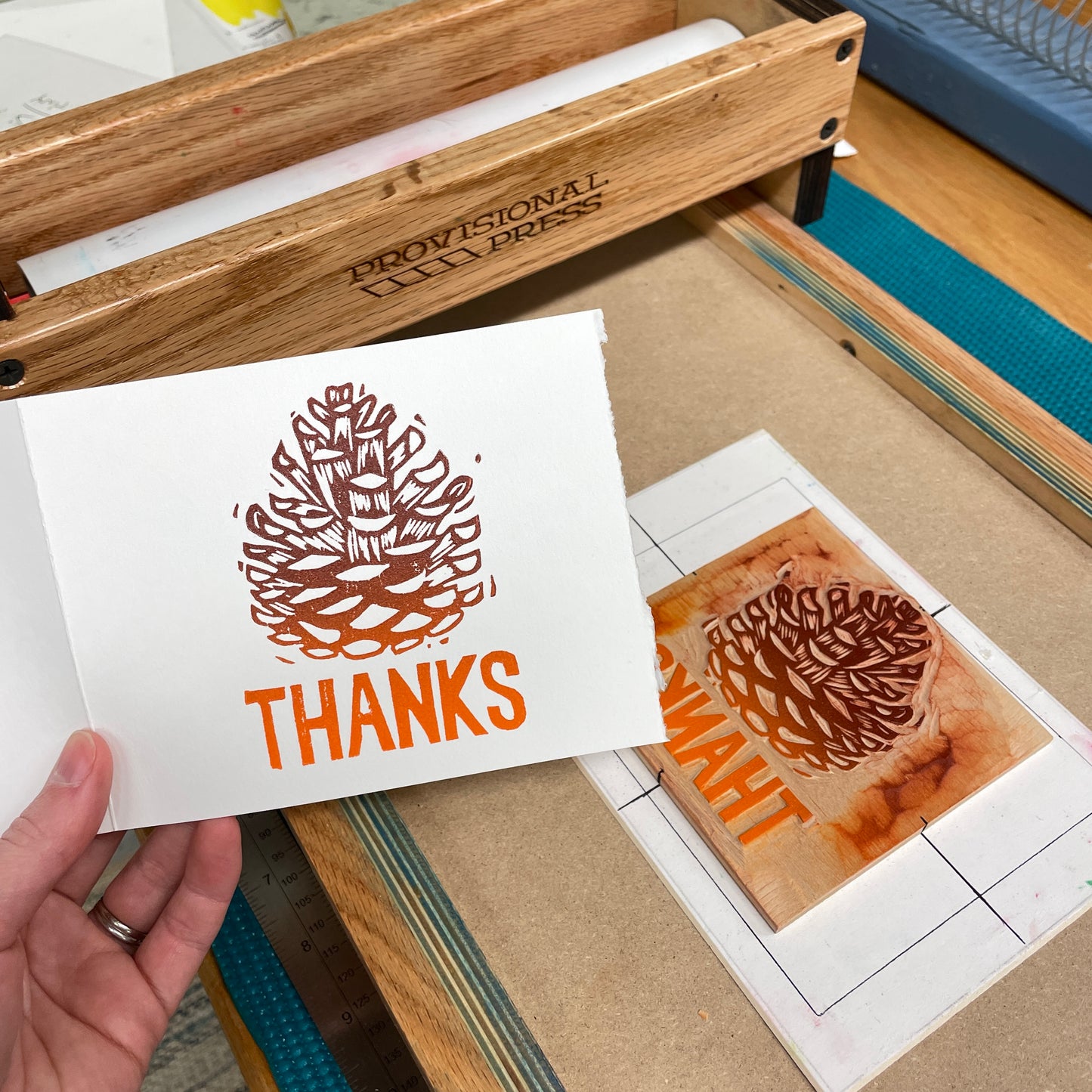 Pinecone Thanks 6-pack cards - woodblock printed