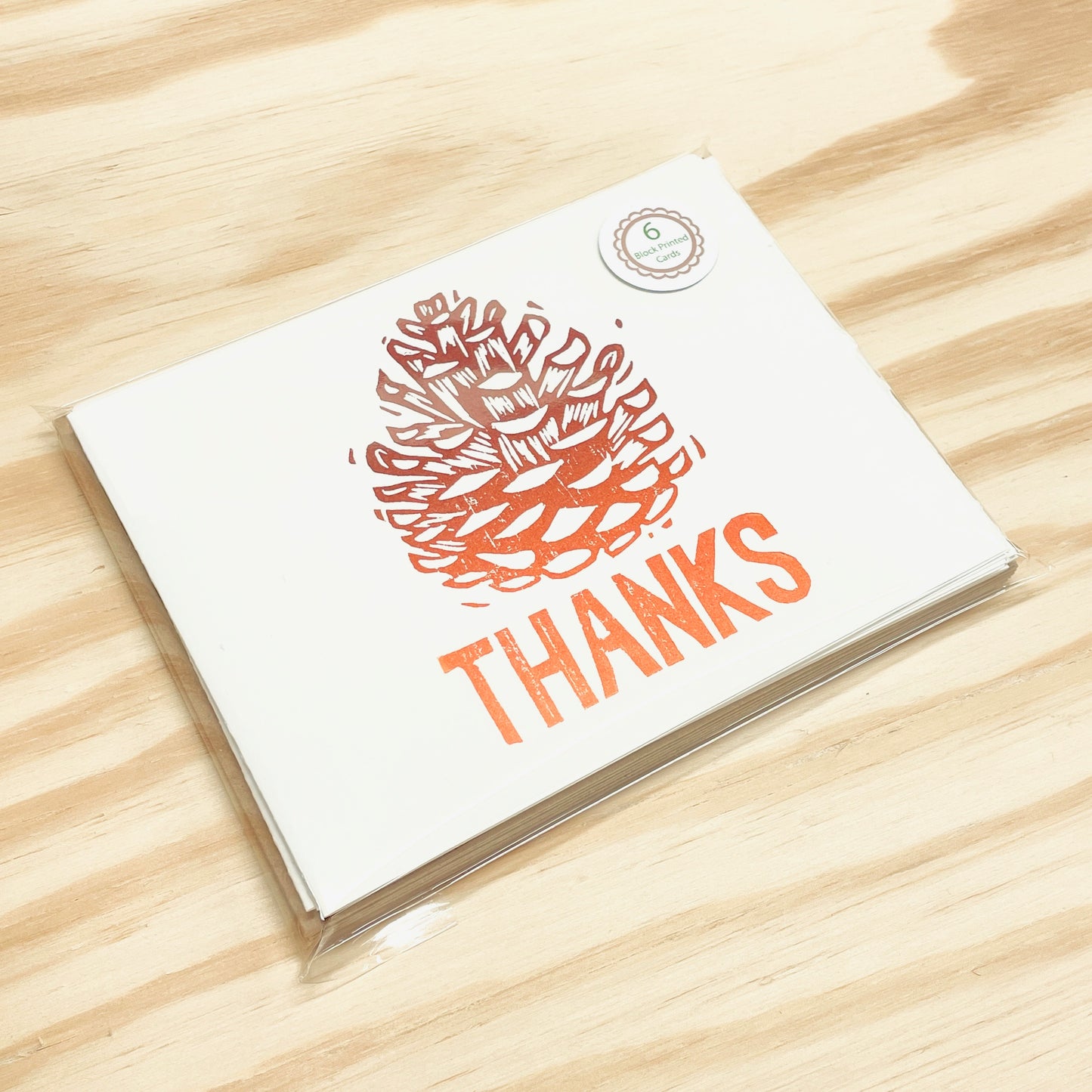 Pinecone Thanks 6-pack cards - woodblock printed