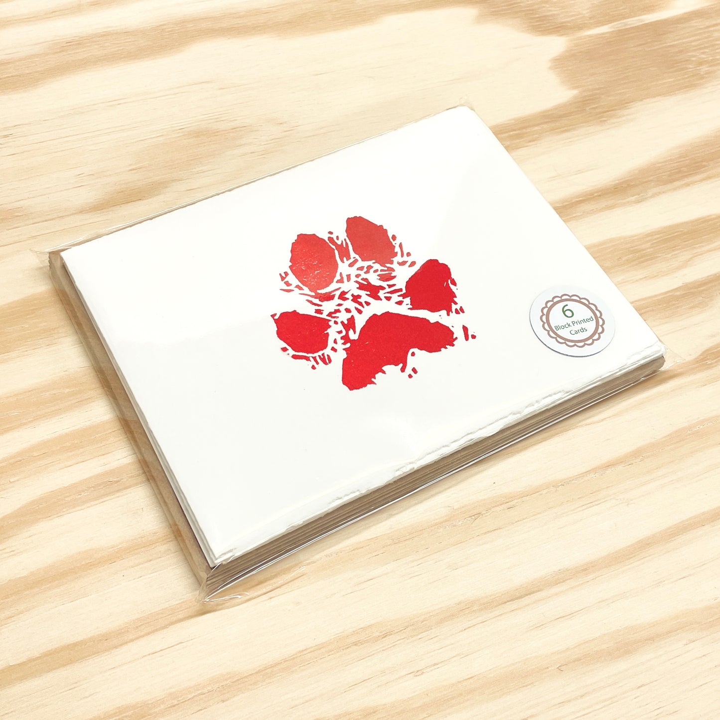 Dog Paw Bright Red 6-pack cards - woodblock printed