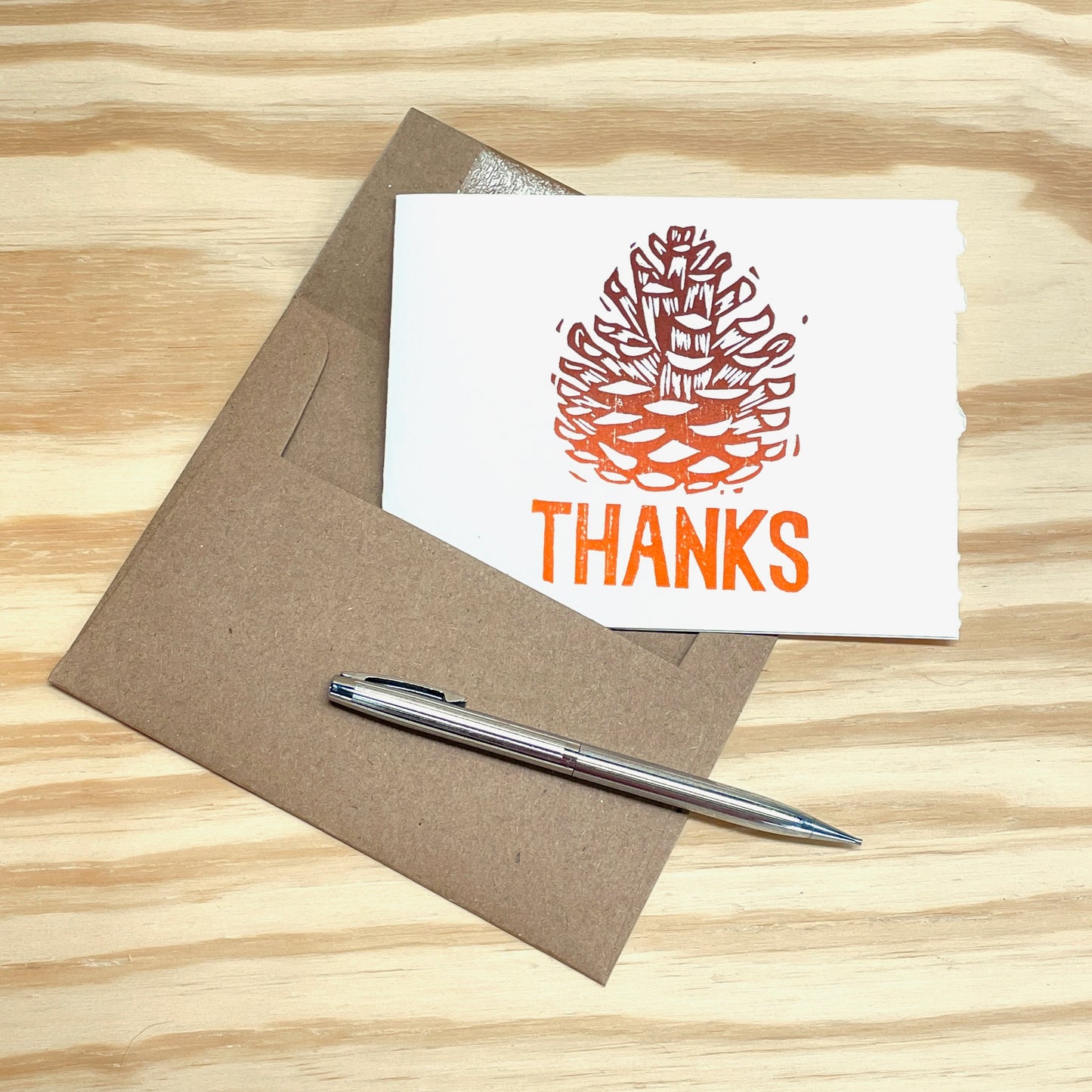 Pinecone Thanks single card - woodblock printed