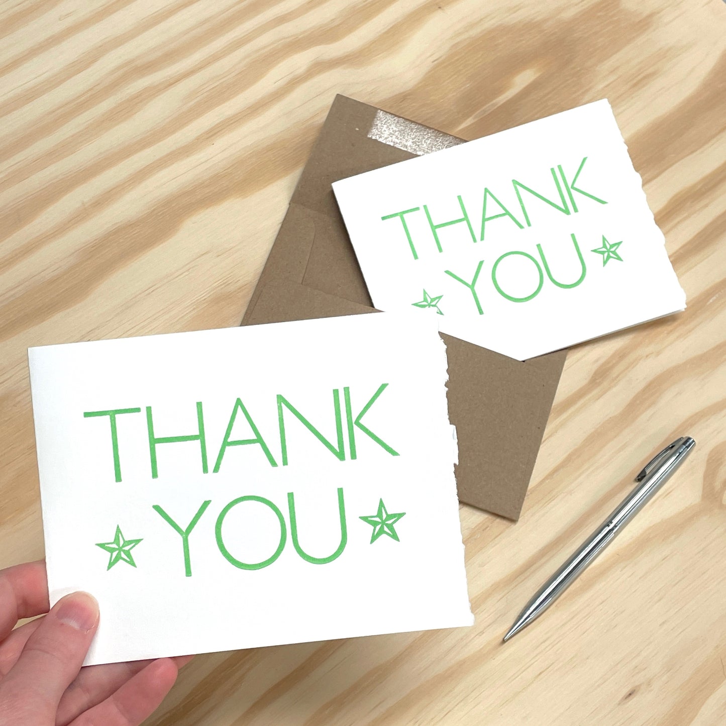 Thank You Green Stars 6-pack cards - wood type letterpress printed