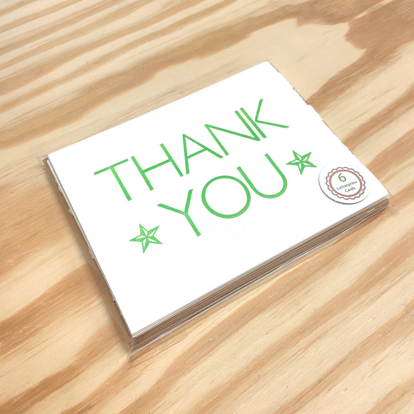 Thank You Green Stars 6-pack cards - wood type letterpress printed