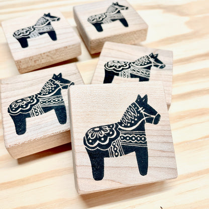 Dala Horse Stamp - Handcarved Rubber Stamp - Wood Mounted 2x2"
