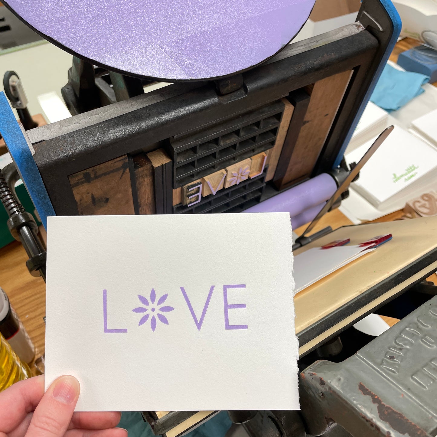 Love Purple Flower single card - wood type letterpress printed