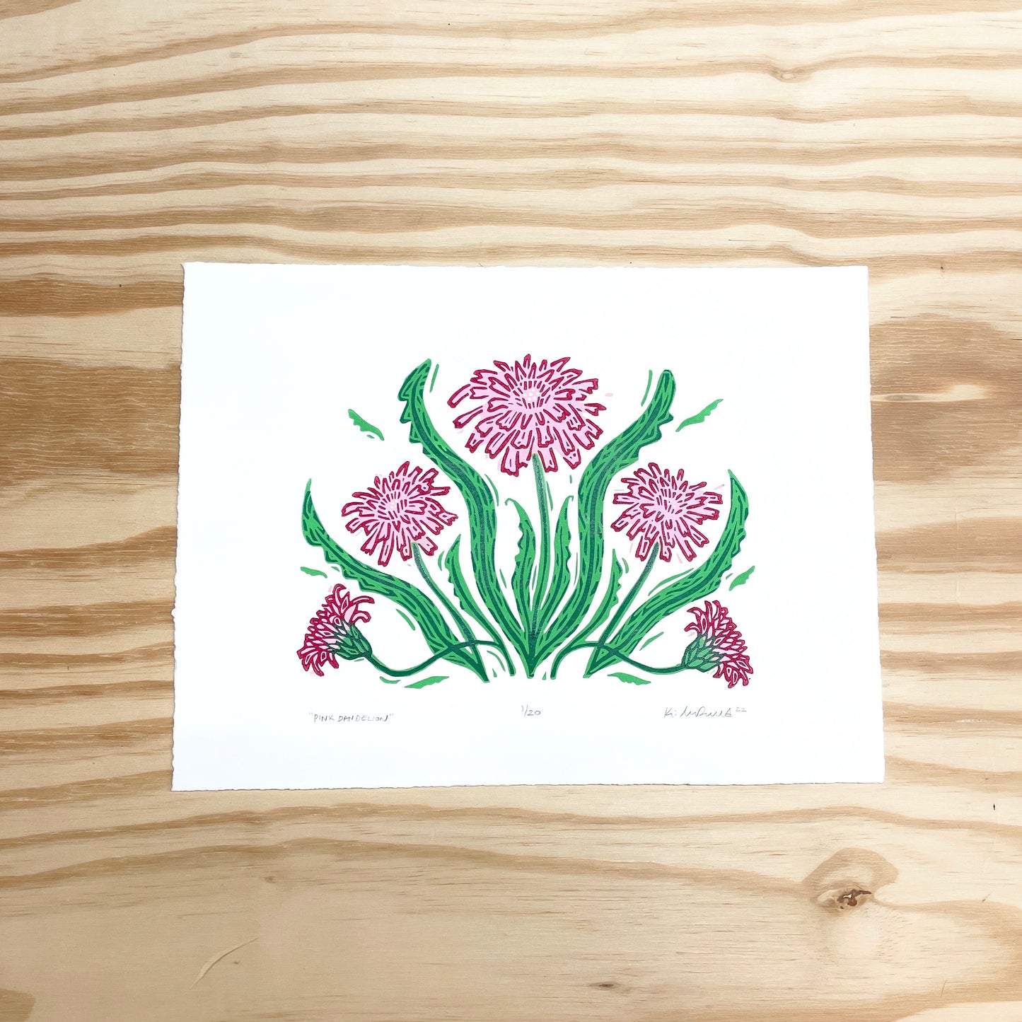 Pink Dandelion - woodblock print (9x12")