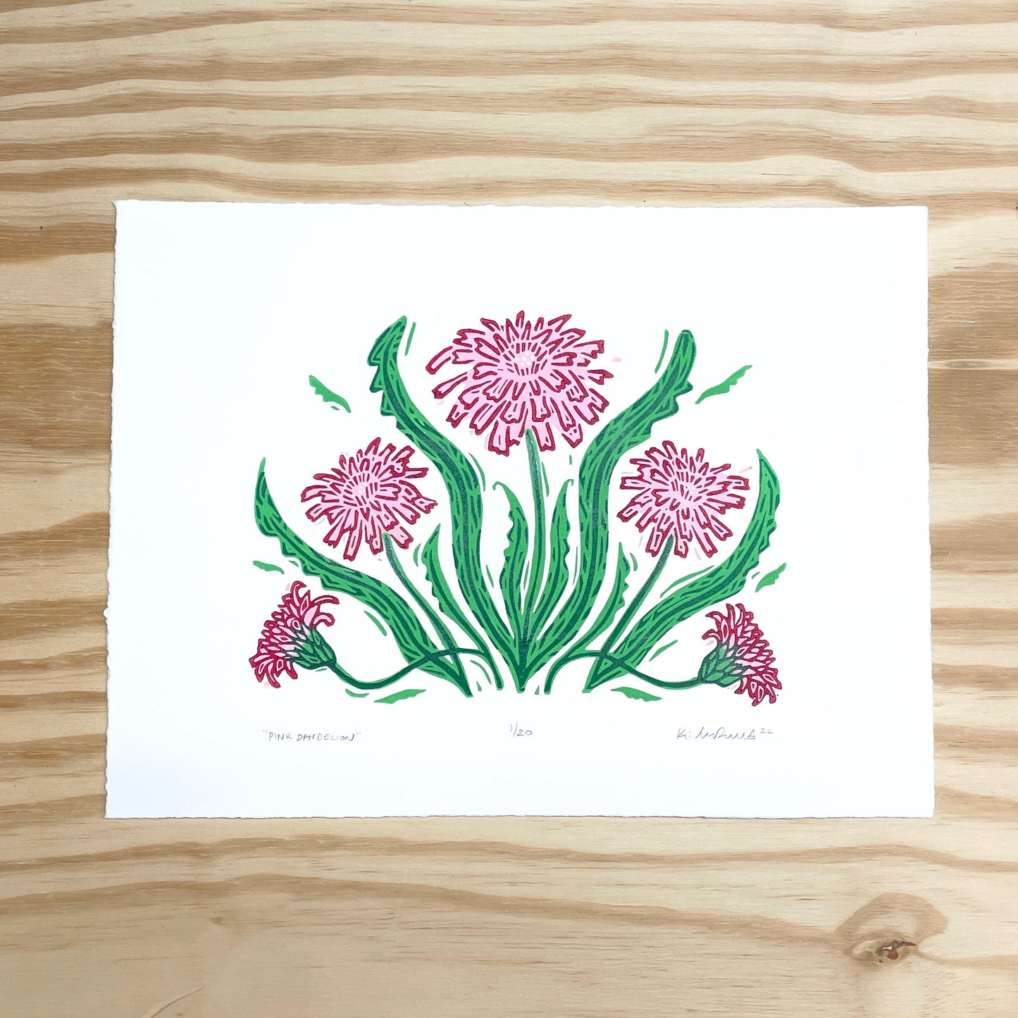 Pink Dandelion - woodblock print (9x12")