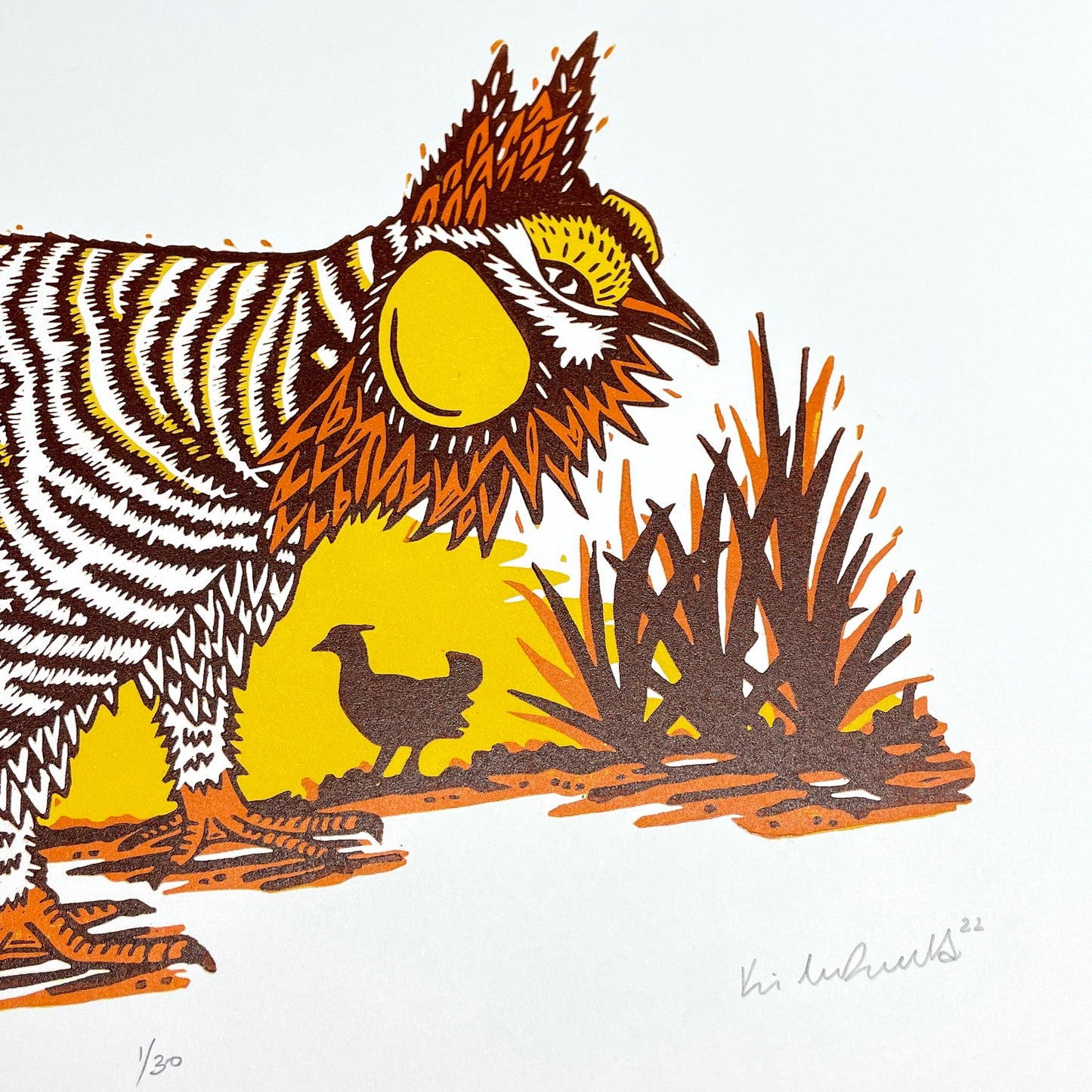 Prairie Chicken FRAMED - woodblock print (16x20")