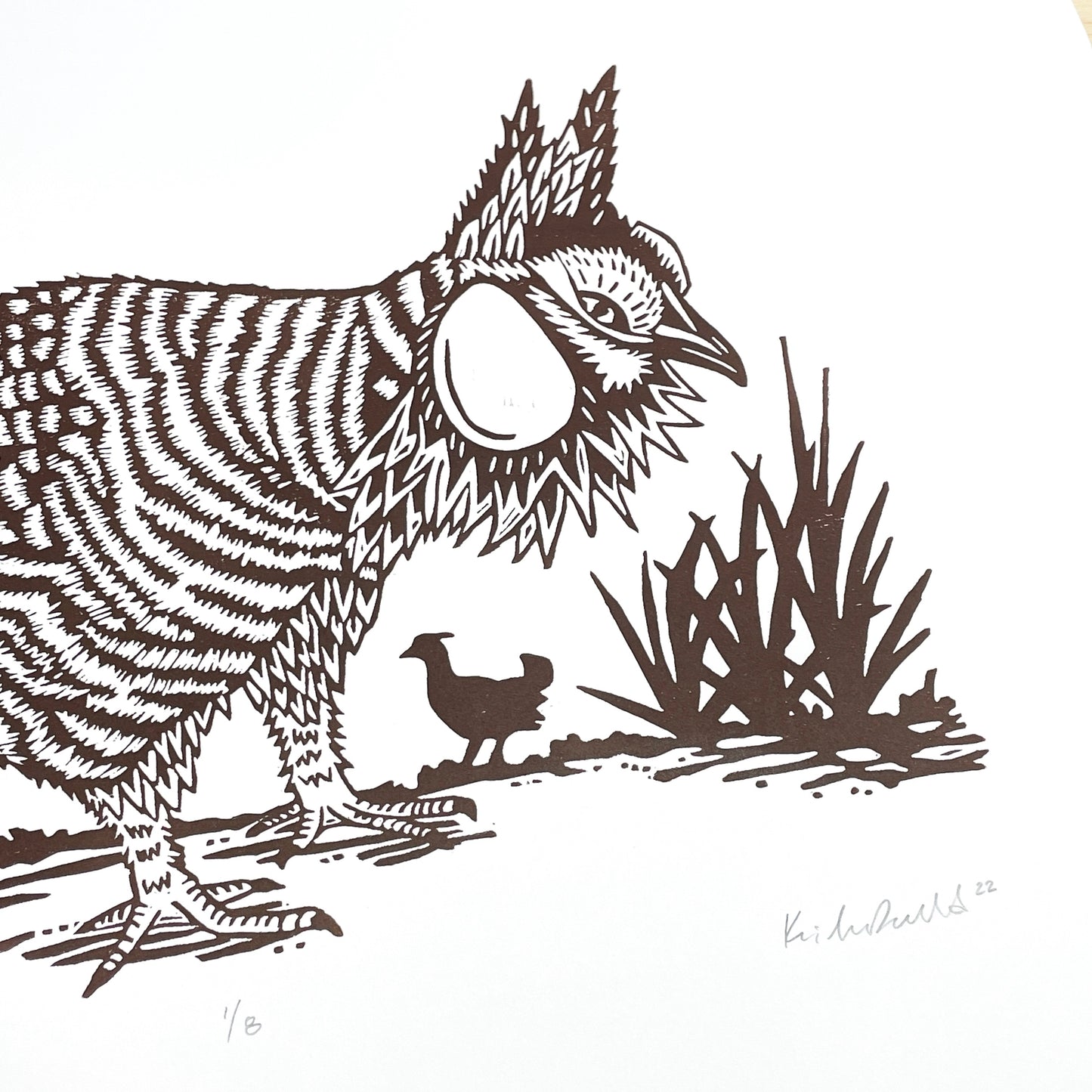 Prairie Chicken brown outline only - woodblock print (14x18")