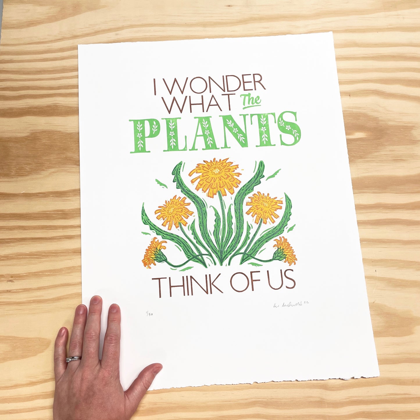 I Wonder What the Plants Think of Us - woodblock and letterpress print (14x18")