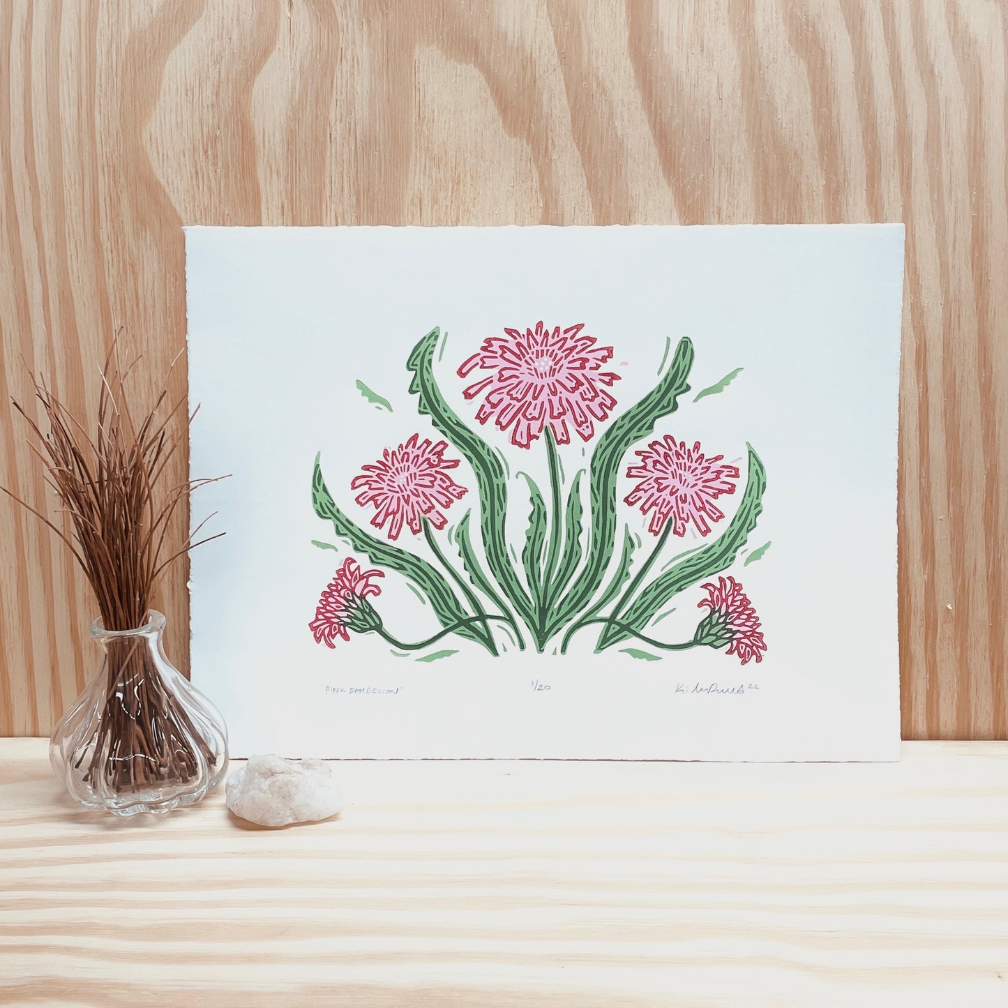 Pink Dandelion - woodblock print (9x12")