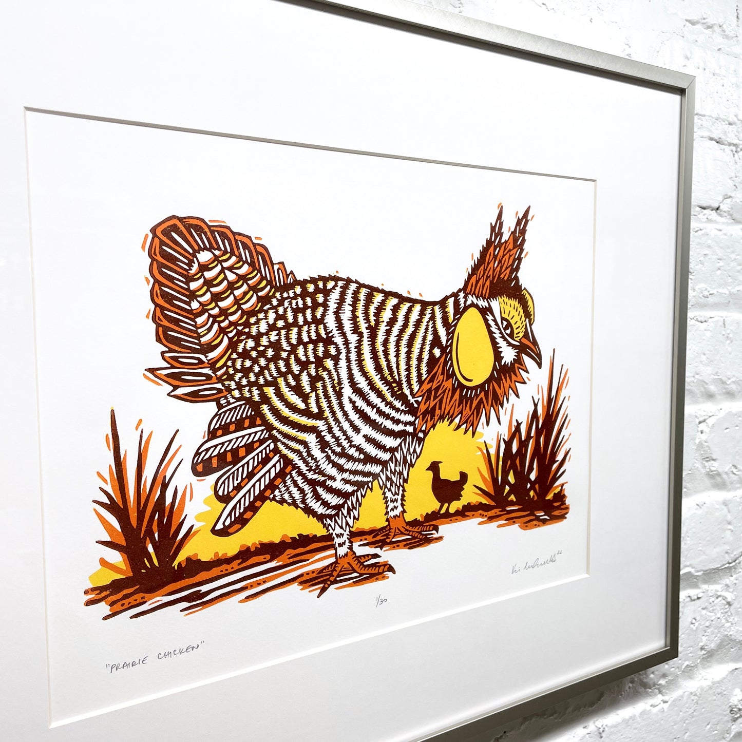 Prairie Chicken FRAMED - woodblock print (16x20")