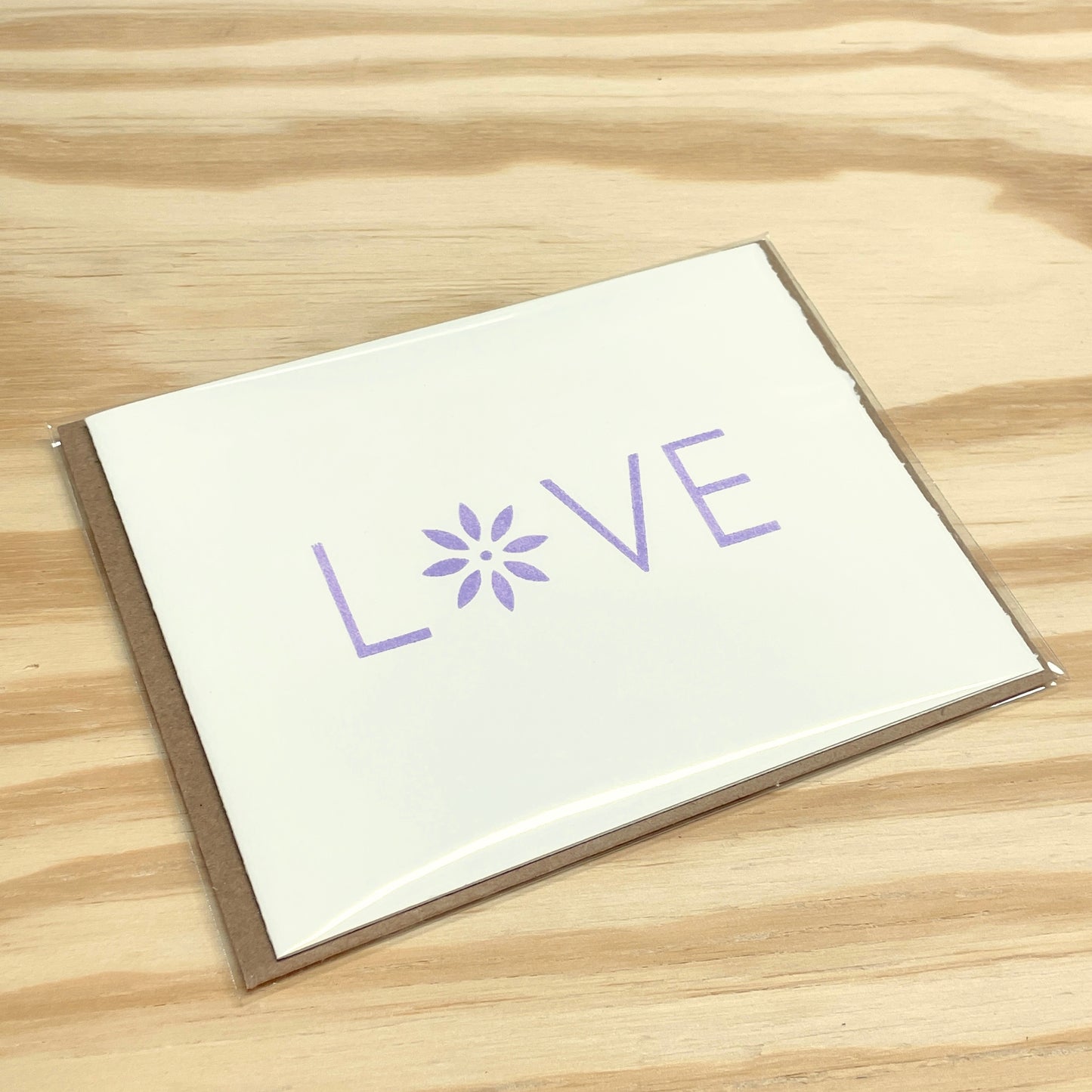 Love Purple Flower single card - wood type letterpress printed