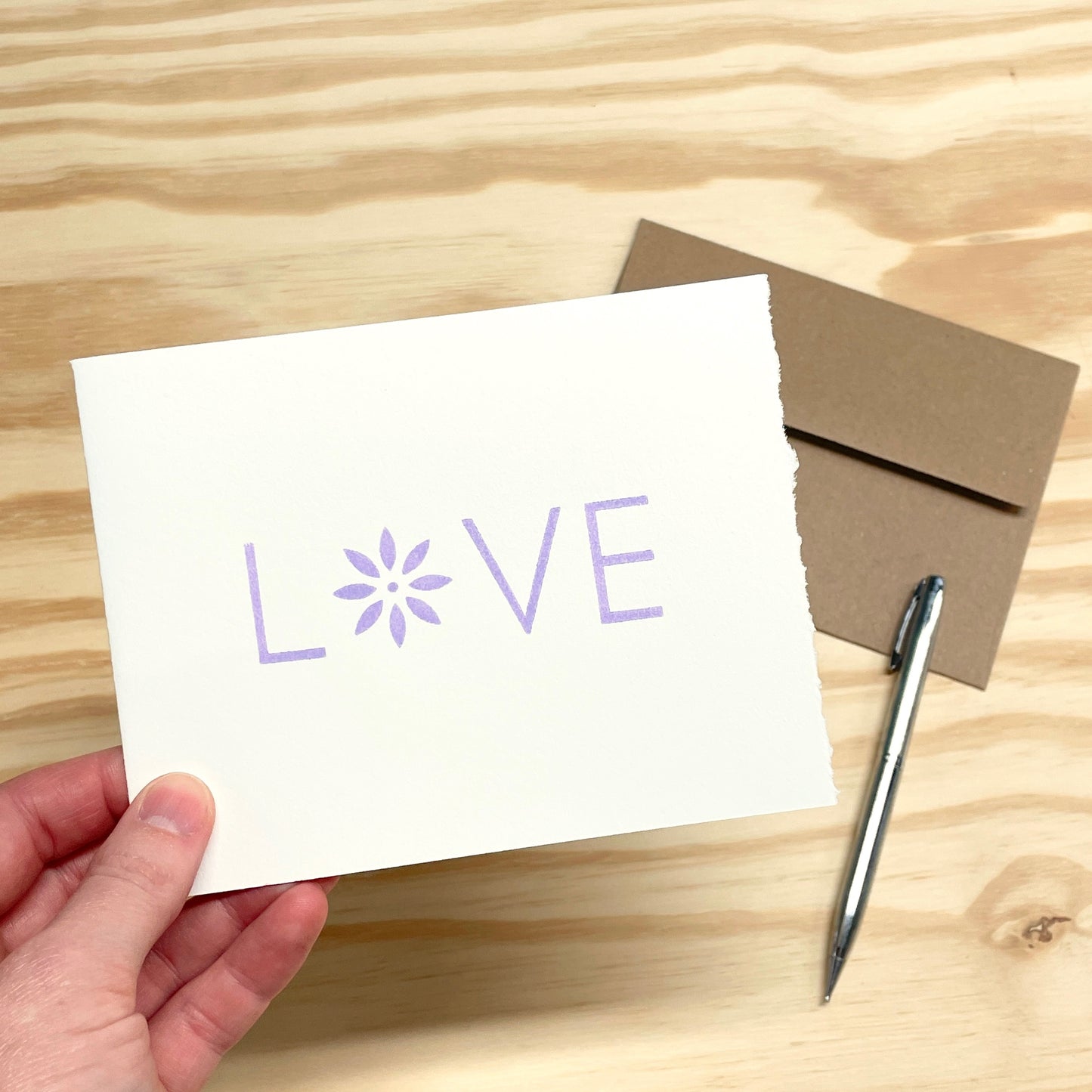 Love Purple Flower single card - wood type letterpress printed