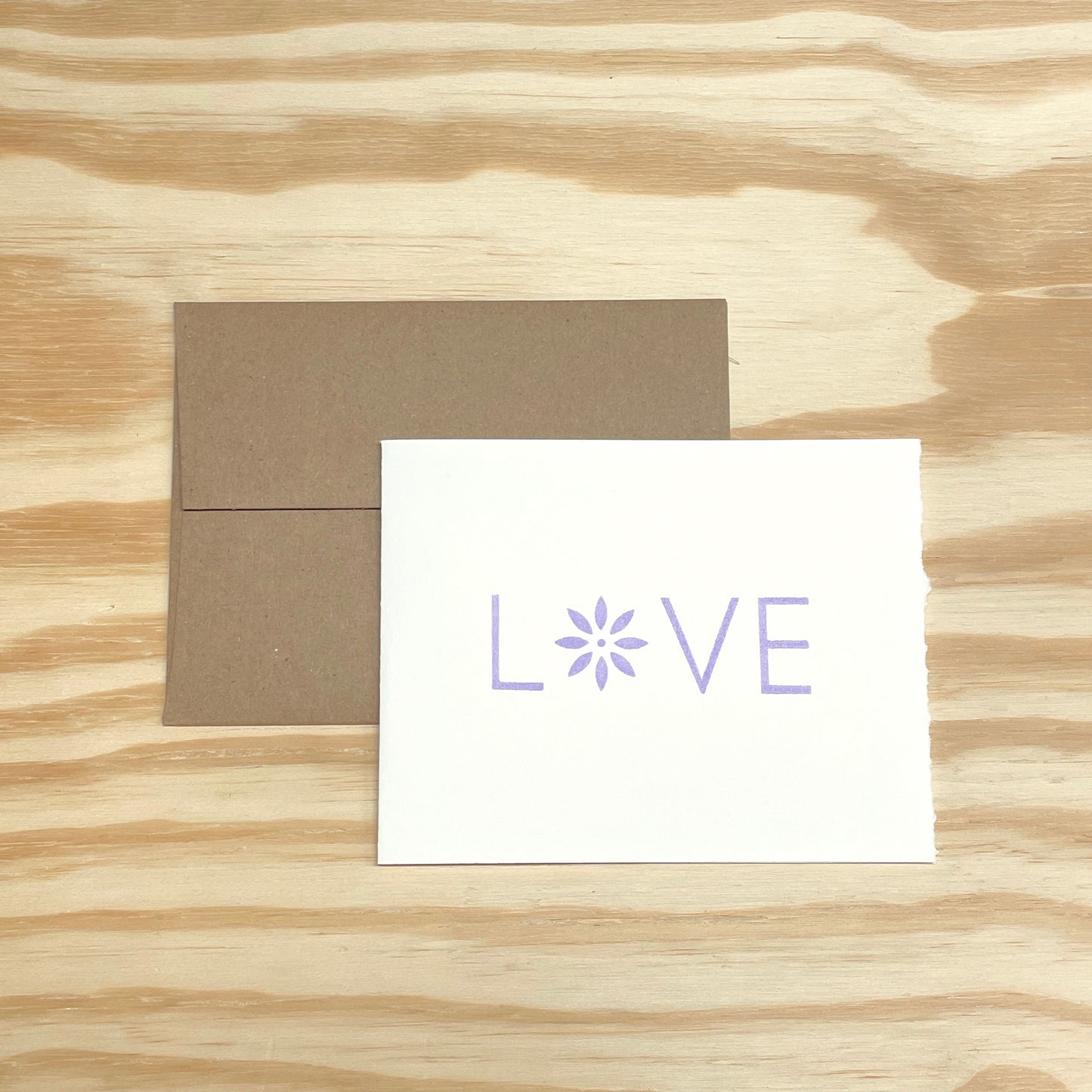 Love Purple Flower single card - wood type letterpress printed