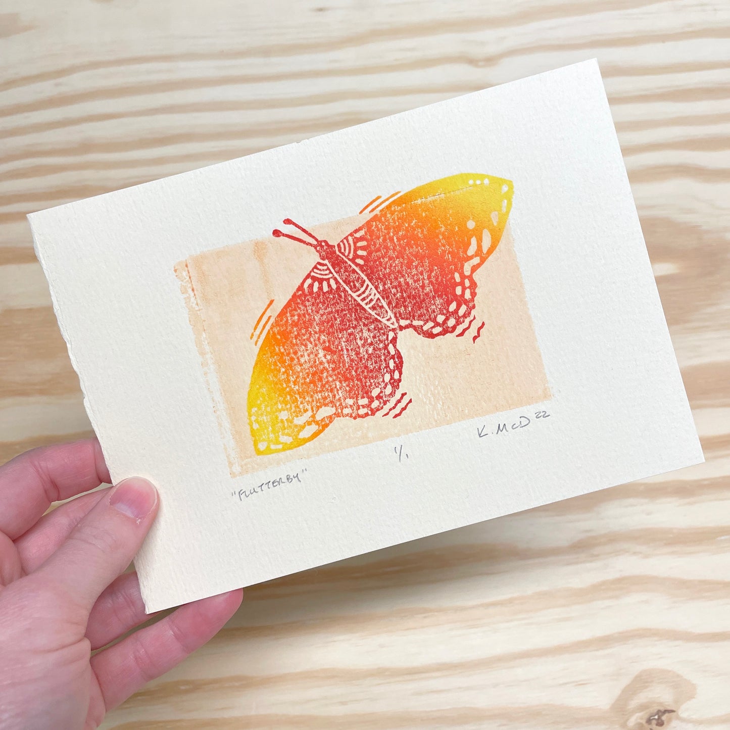 Flutterby Butterfly GHOST PRINT - woodblock print (5x7")