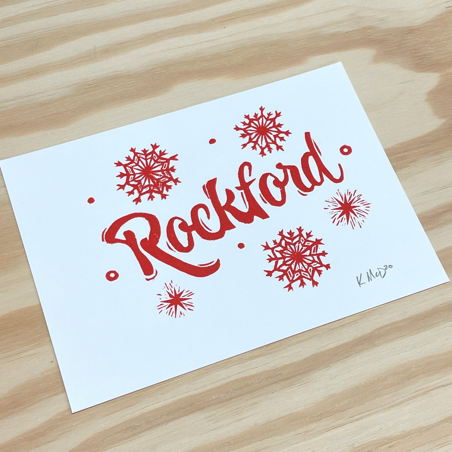 Starburst Red Rockford Snow MISPRINT - woodblock print (5x7")