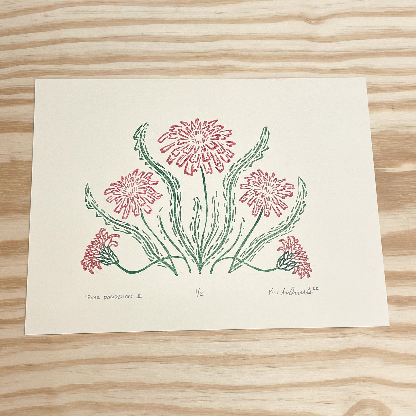 Pink Dandelion GHOST PRINT - woodblock print (9x12")