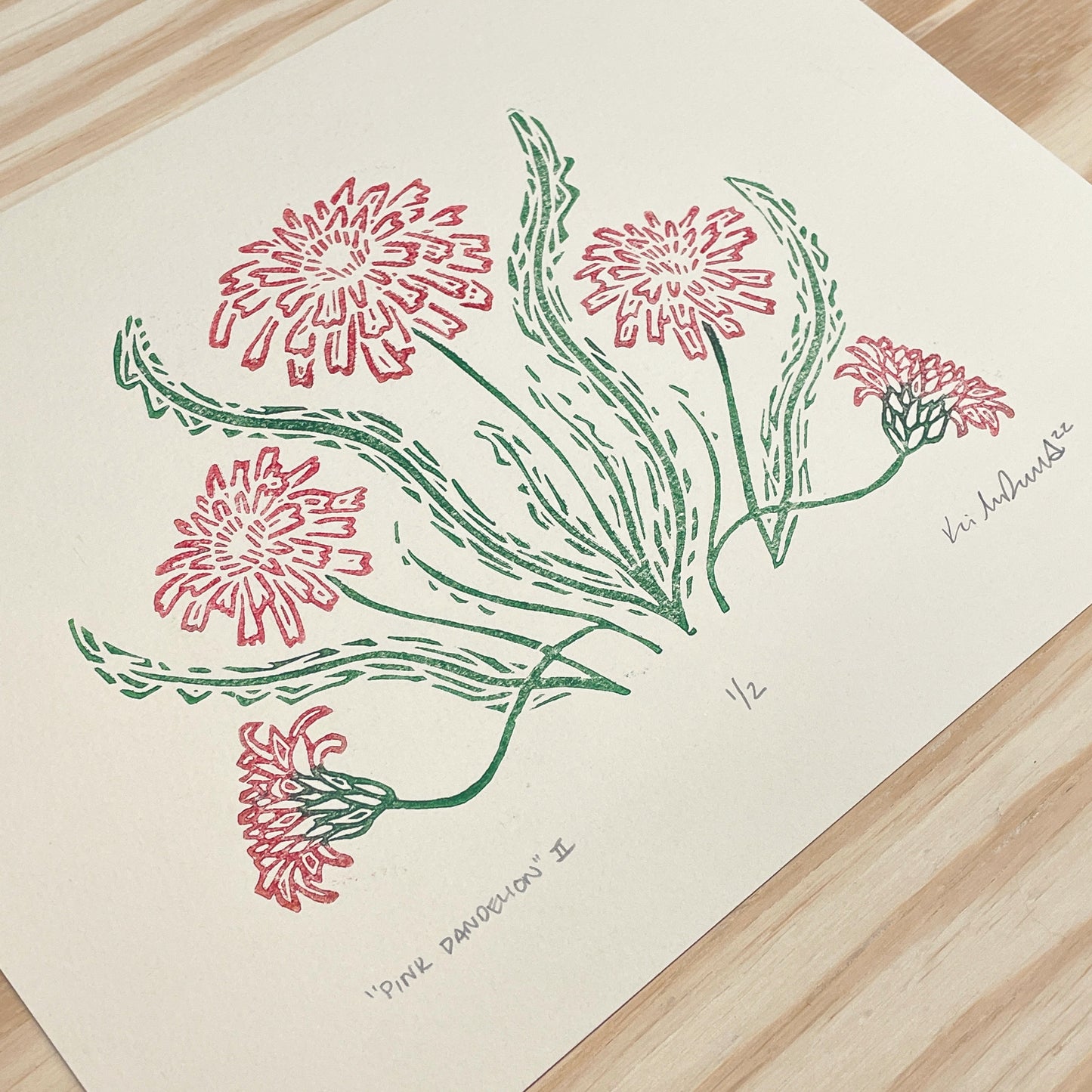 Pink Dandelion GHOST PRINT - woodblock print (9x12")