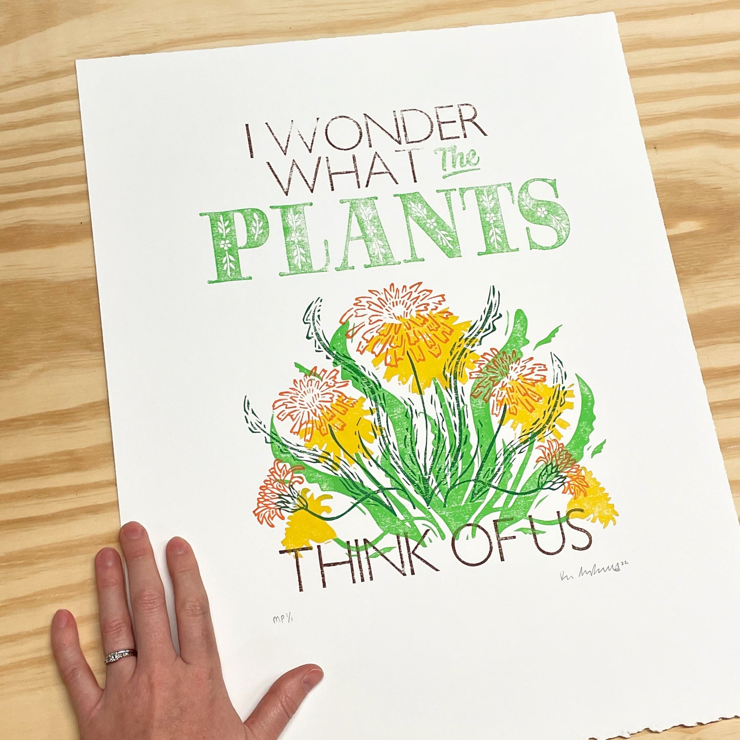 I Wonder What the Plants Think of Us MISPRINT - woodblock and letterpress print (14x18")