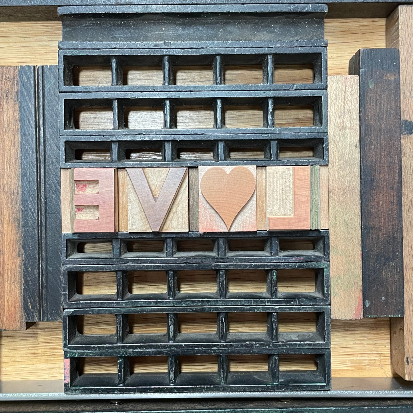 Love in pink - single card - wood type letterpress printed