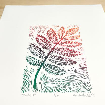 Rowan leaf - woodblock print (9x12”)