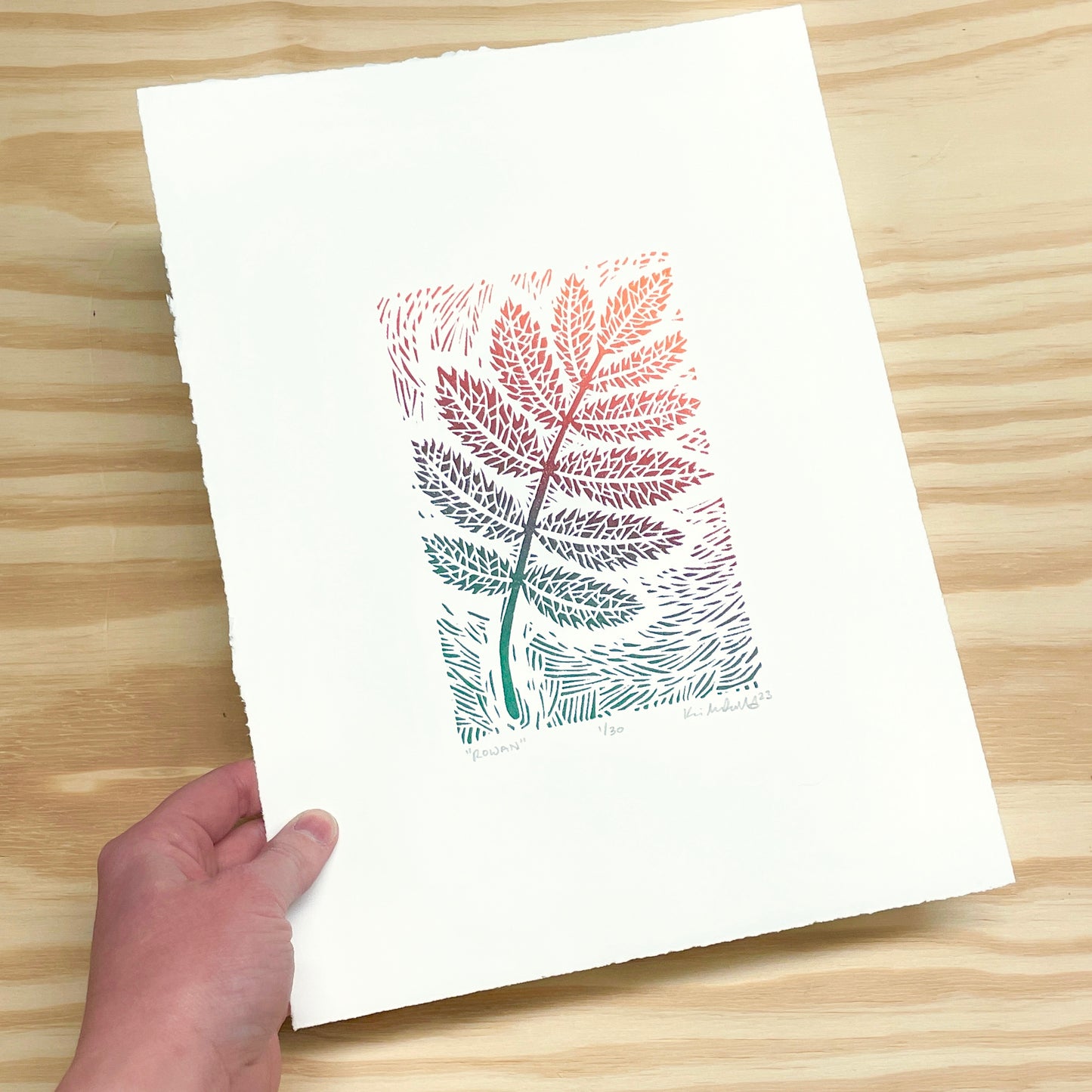 Rowan leaf - woodblock print (9x12”)