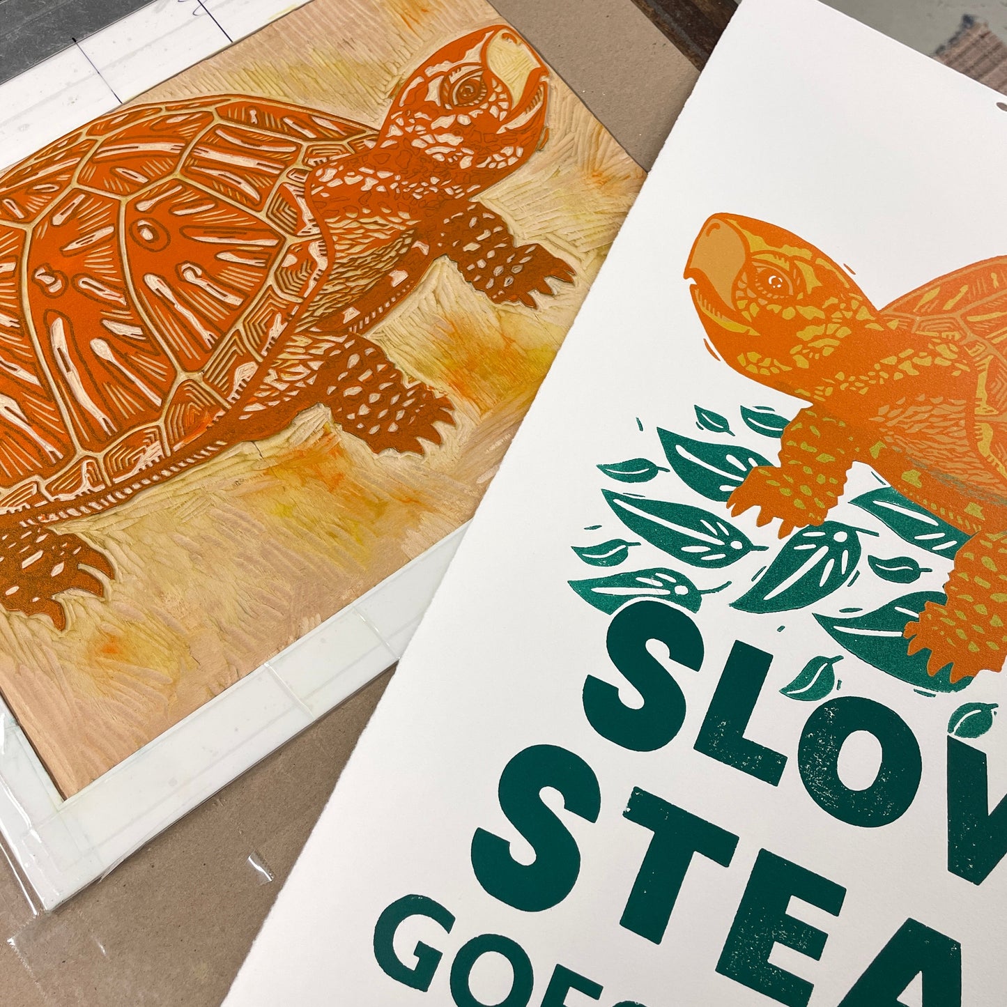 Slow & Steady Goes the Turtle FRAMED - woodblock and letterpress print (16x20")