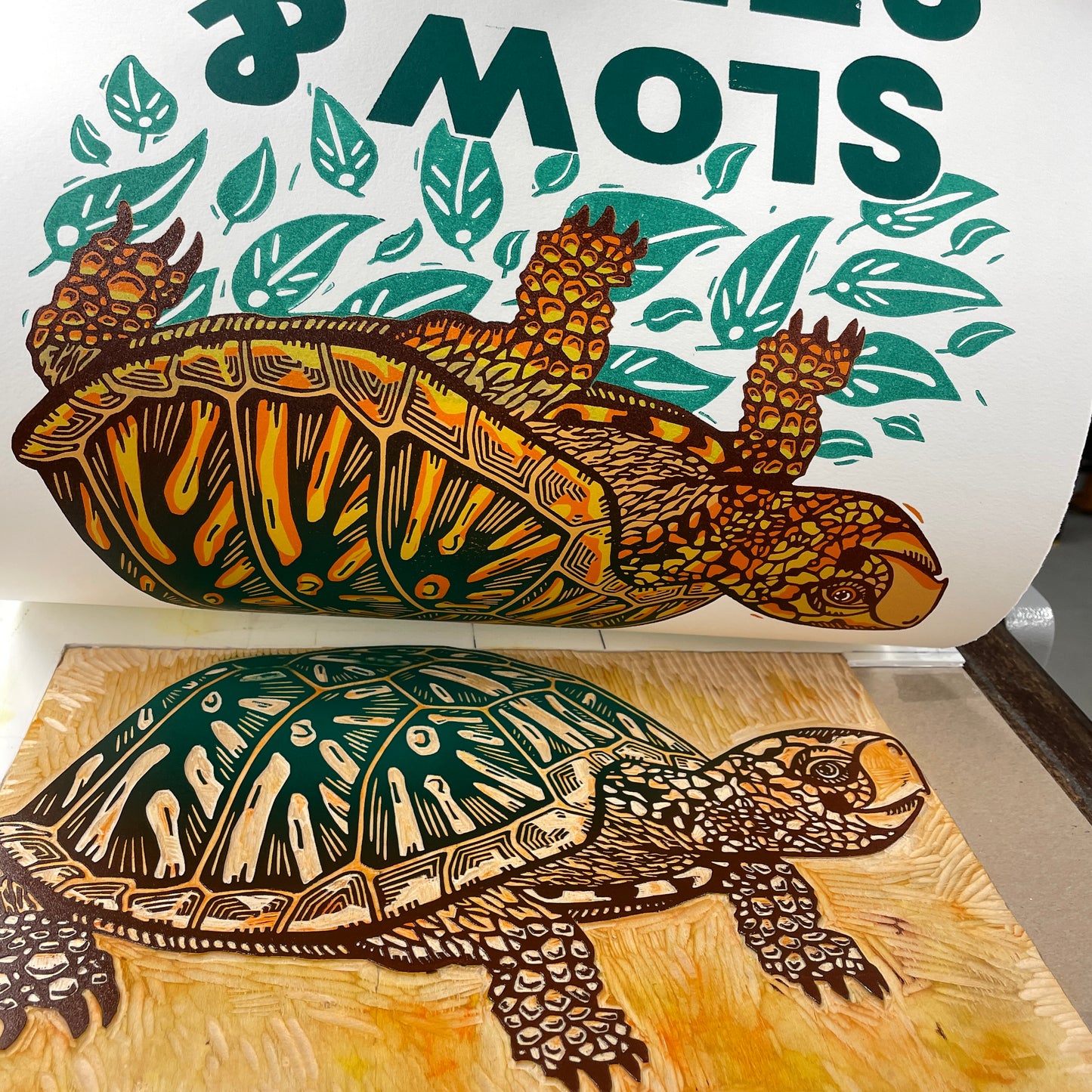 Slow & Steady Goes the Turtle - woodblock and letterpress print (14x18")