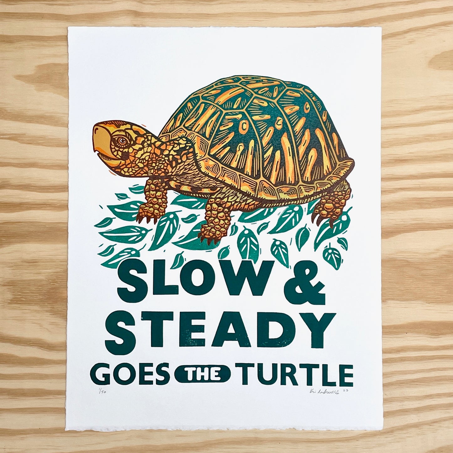 Slow & Steady Goes the Turtle - woodblock and letterpress print (14x18")