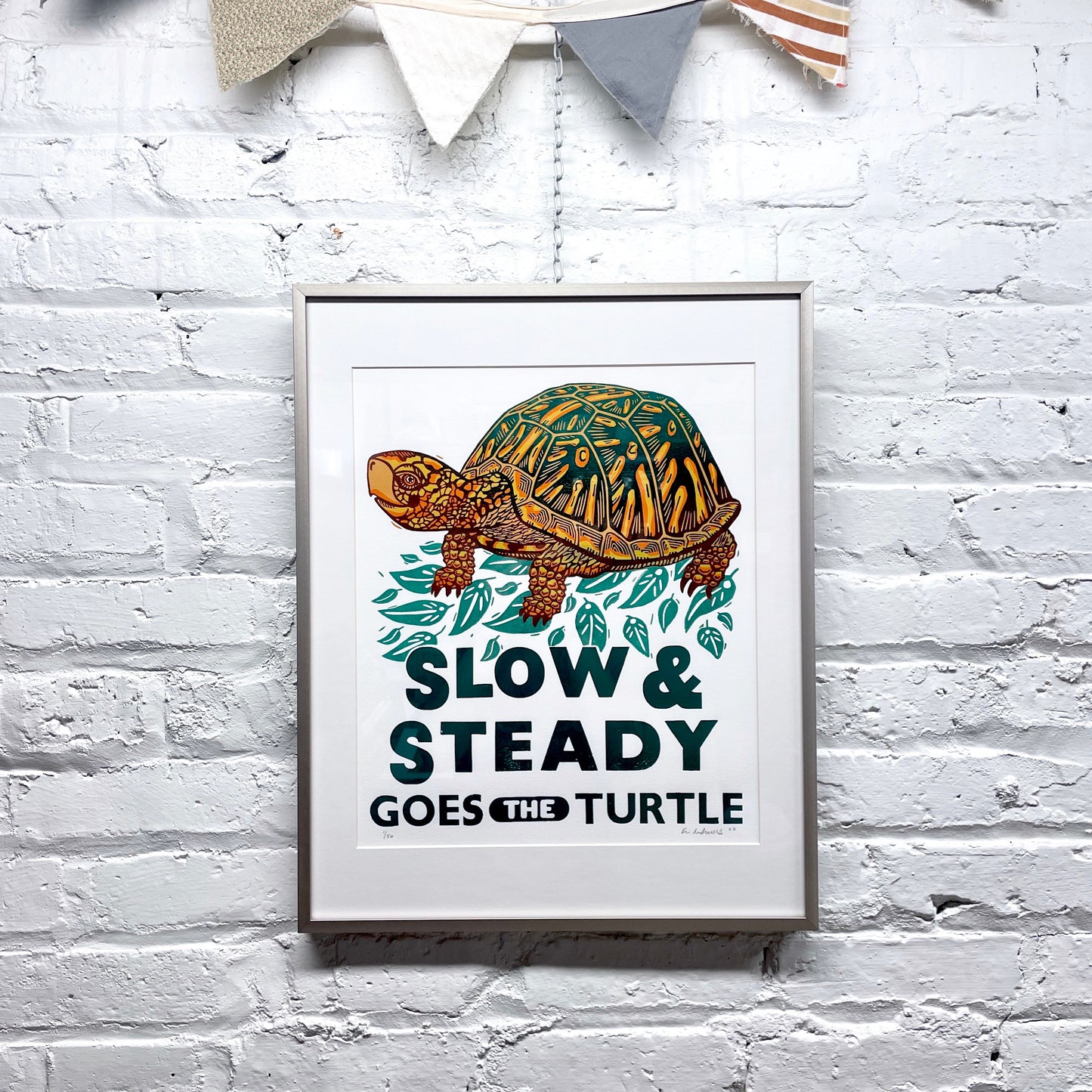 Slow & Steady Goes the Turtle FRAMED - woodblock and letterpress print (16x20")